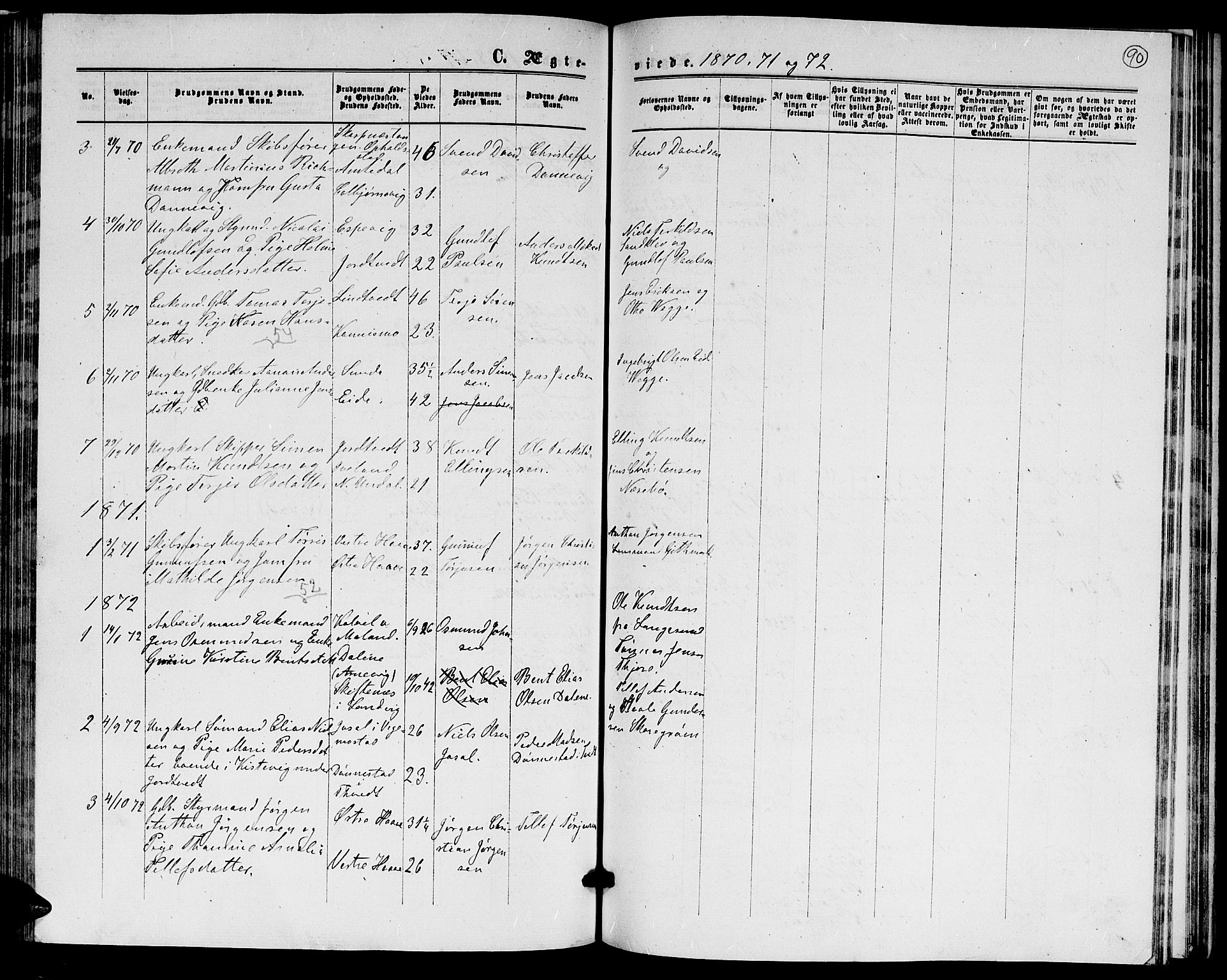 Hommedal sokneprestkontor, AV/SAK-1111-0023/F/Fb/Fba/L0003: Parish register (copy) no. B 3, 1863-1884, p. 90