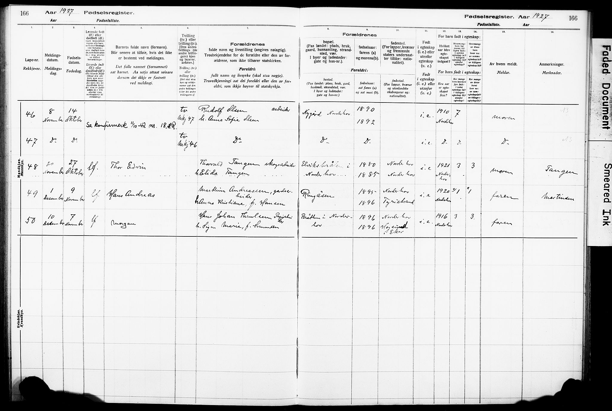 Norderhov kirkebøker, AV/SAKO-A-237/J/Ja/L0001: Birth register no. 1, 1916-1930, p. 166