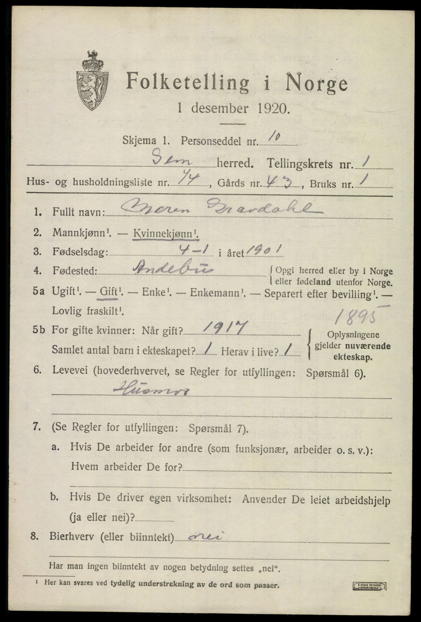 SAKO, 1920 census for Sem, 1920, p. 3577