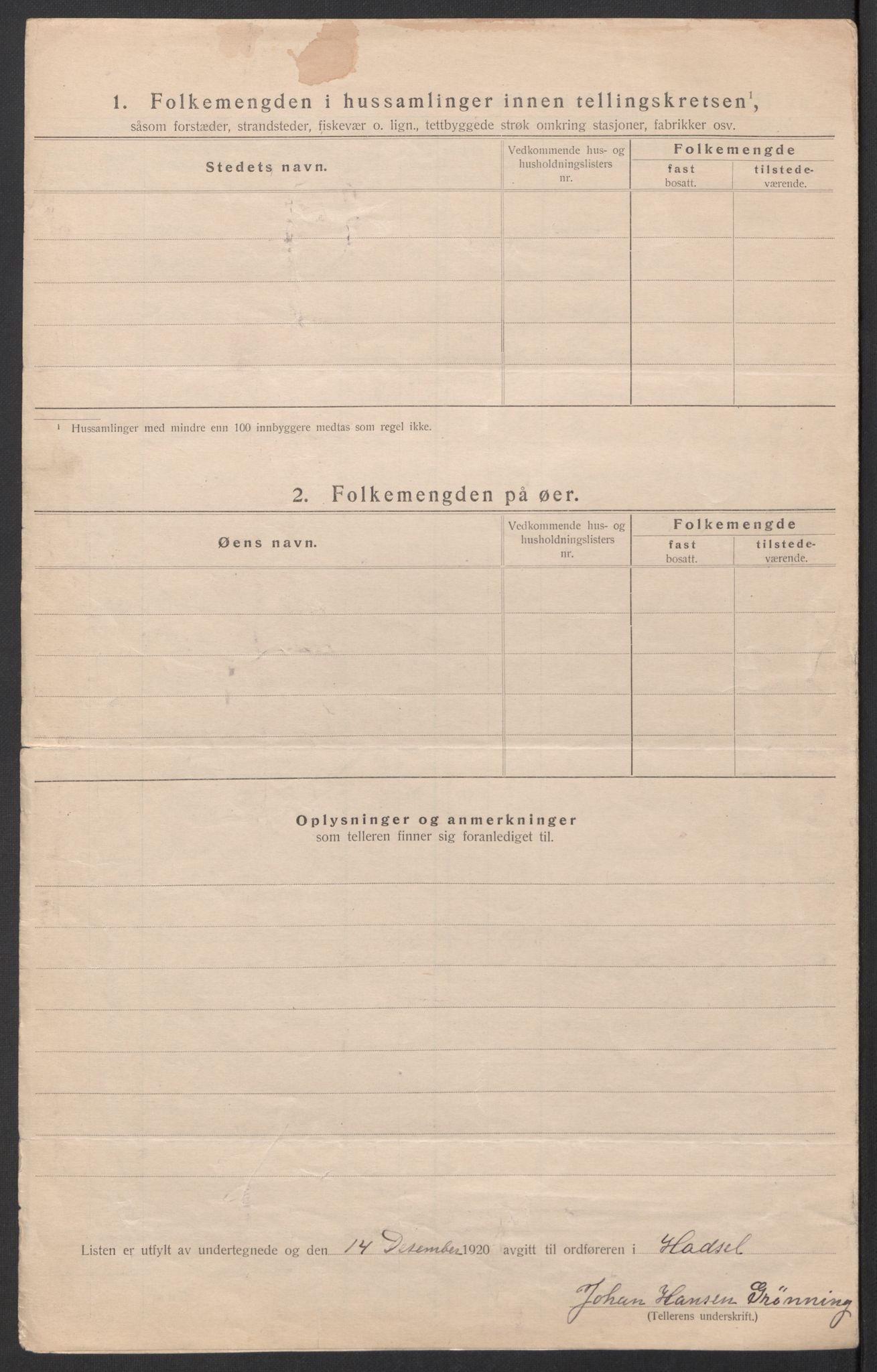 SAT, 1920 census for Hadsel, 1920, p. 92