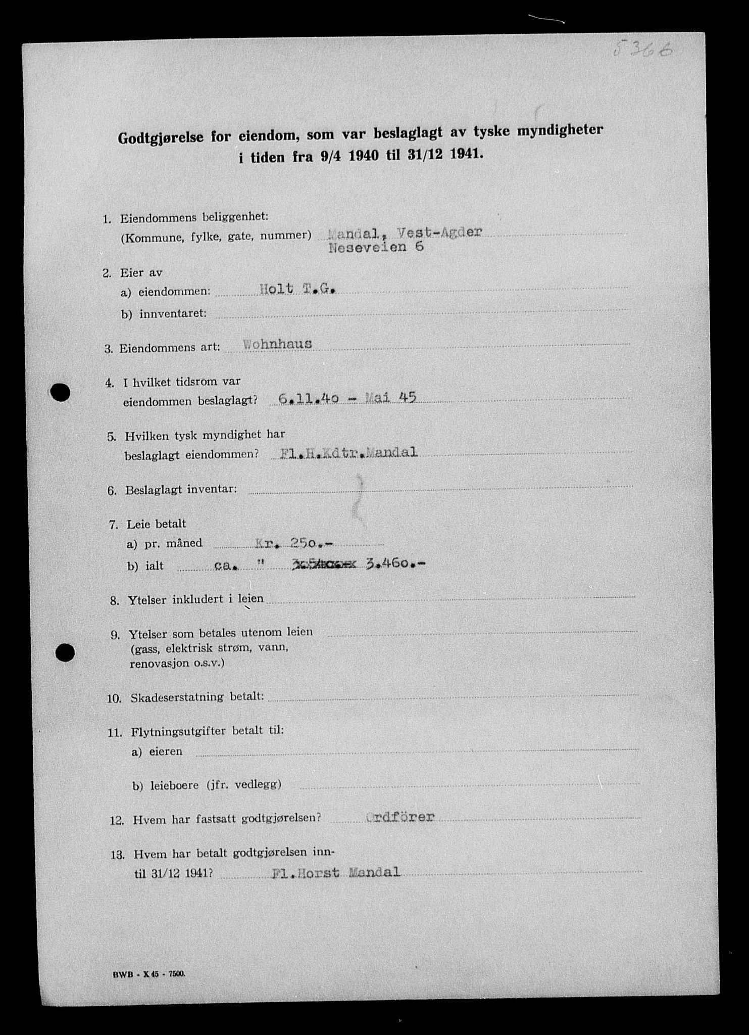 Justisdepartementet, Tilbakeføringskontoret for inndratte formuer, AV/RA-S-1564/I/L1013: Godtgjørelse for beslaglagt eiendom, 1940-1941, p. 26