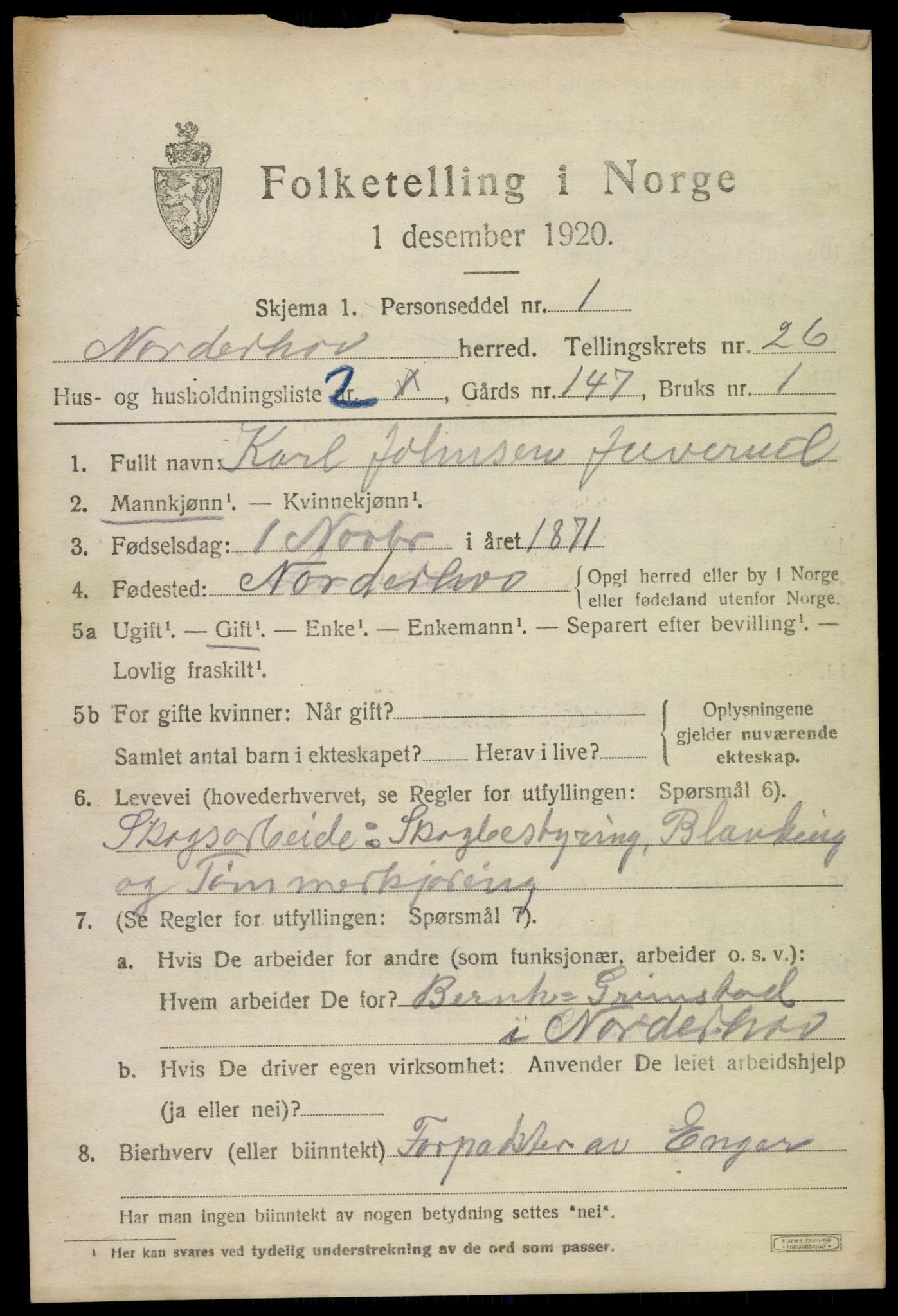 SAKO, 1920 census for Norderhov, 1920, p. 24111