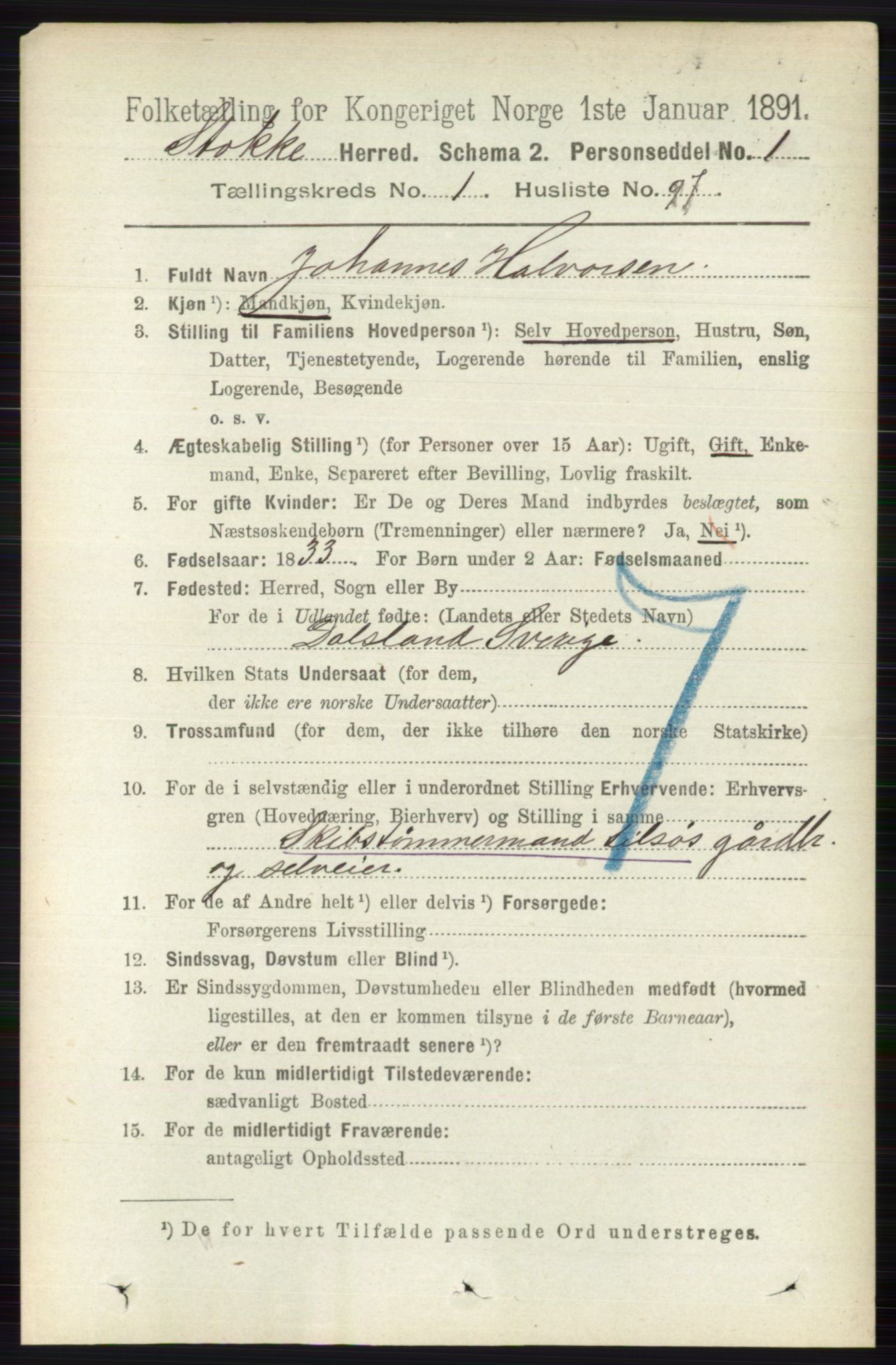 RA, 1891 census for 0720 Stokke, 1891, p. 736