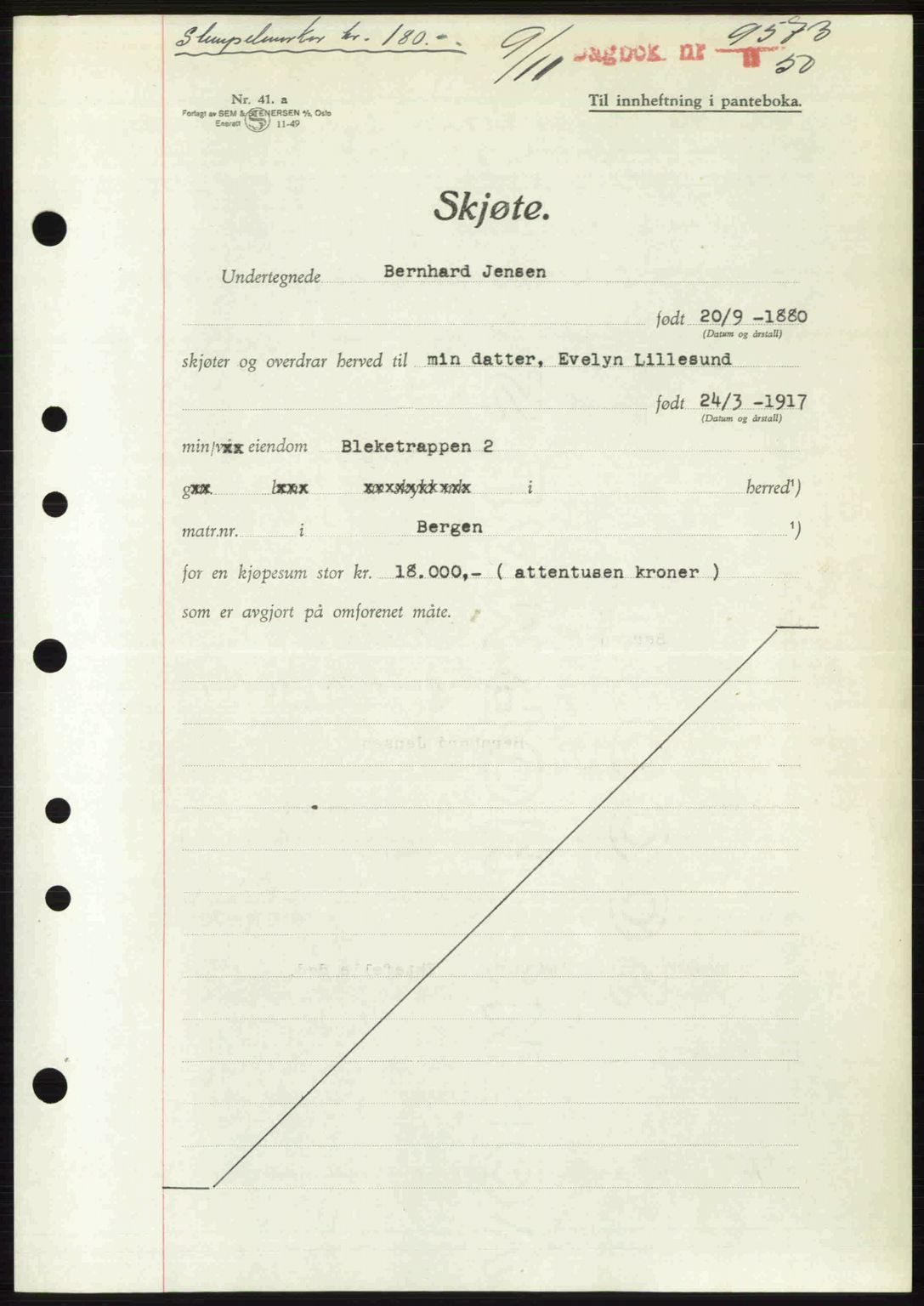 Byfogd og Byskriver i Bergen, SAB/A-3401/03/03Bc/L0034: Mortgage book no. A27-28, 1950-1950, Diary no: : 9573/1950