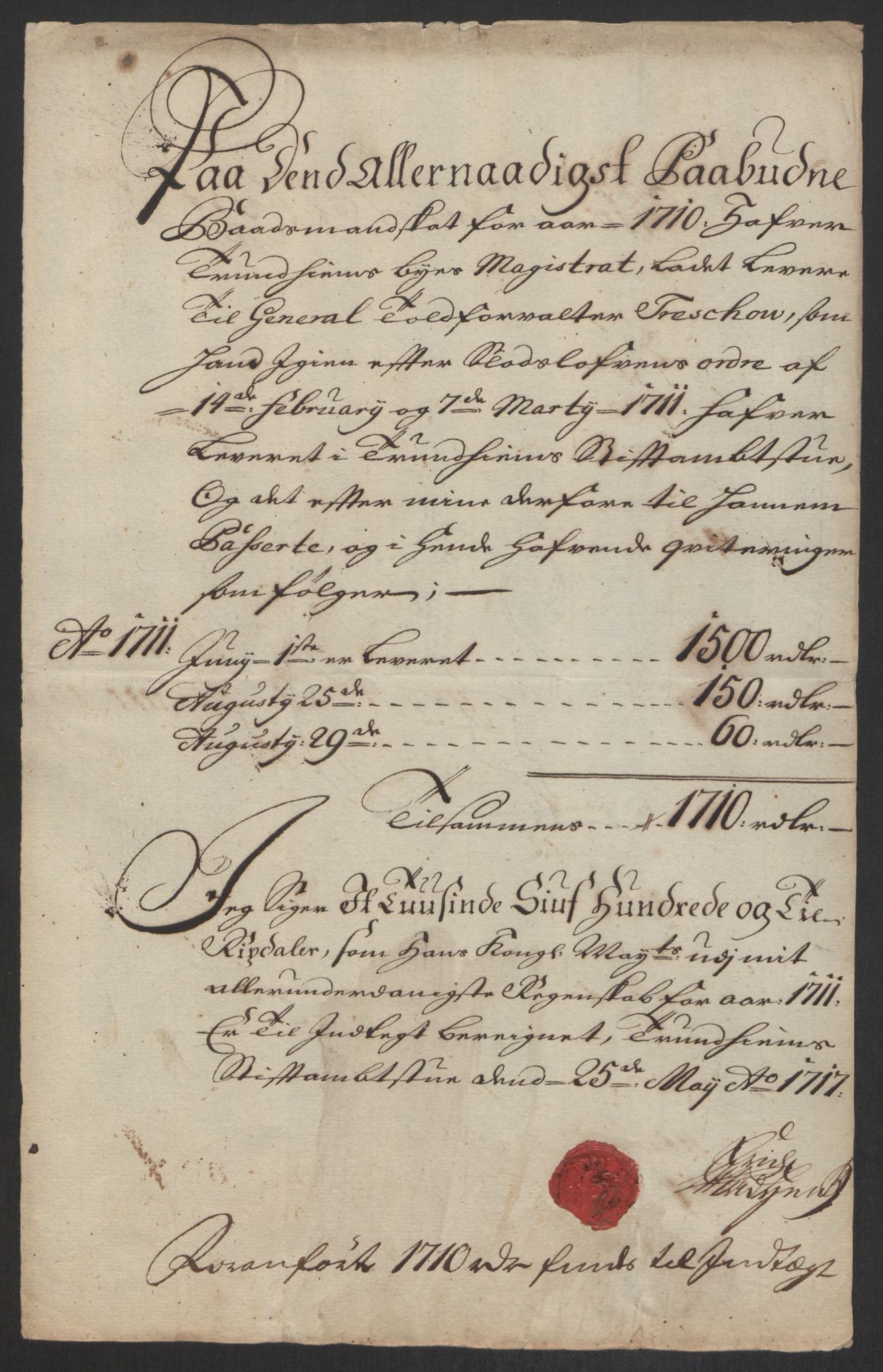 Rentekammeret inntil 1814, Reviderte regnskaper, Byregnskaper, RA/EA-4066/R/Rs/L0507: [S3] Kontribusjonsregnskap, 1699-1711, p. 385