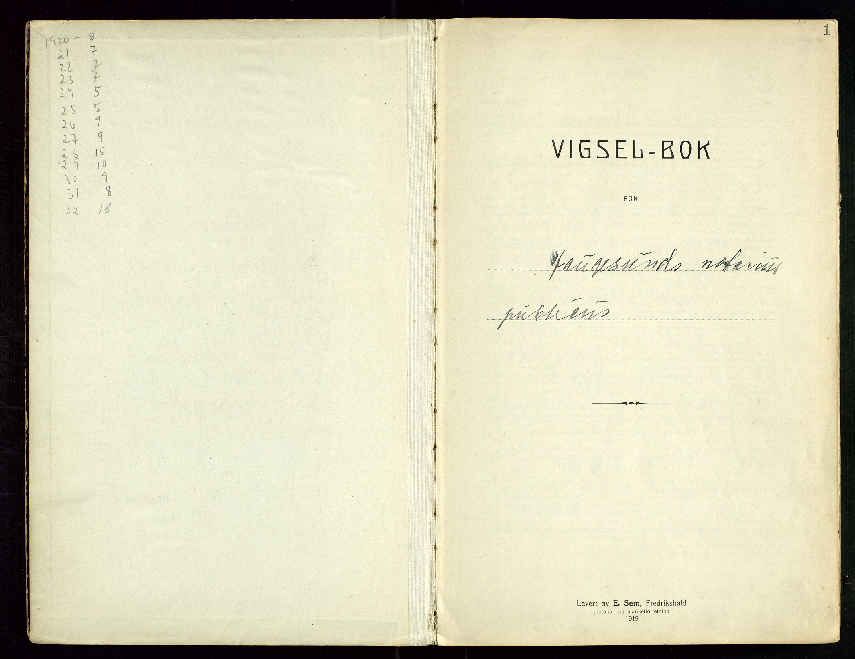 Haugesund tingrett, SAST/A-101415/01/III/IIID/L0001: Vigselbok, 1920-1938, p. 1