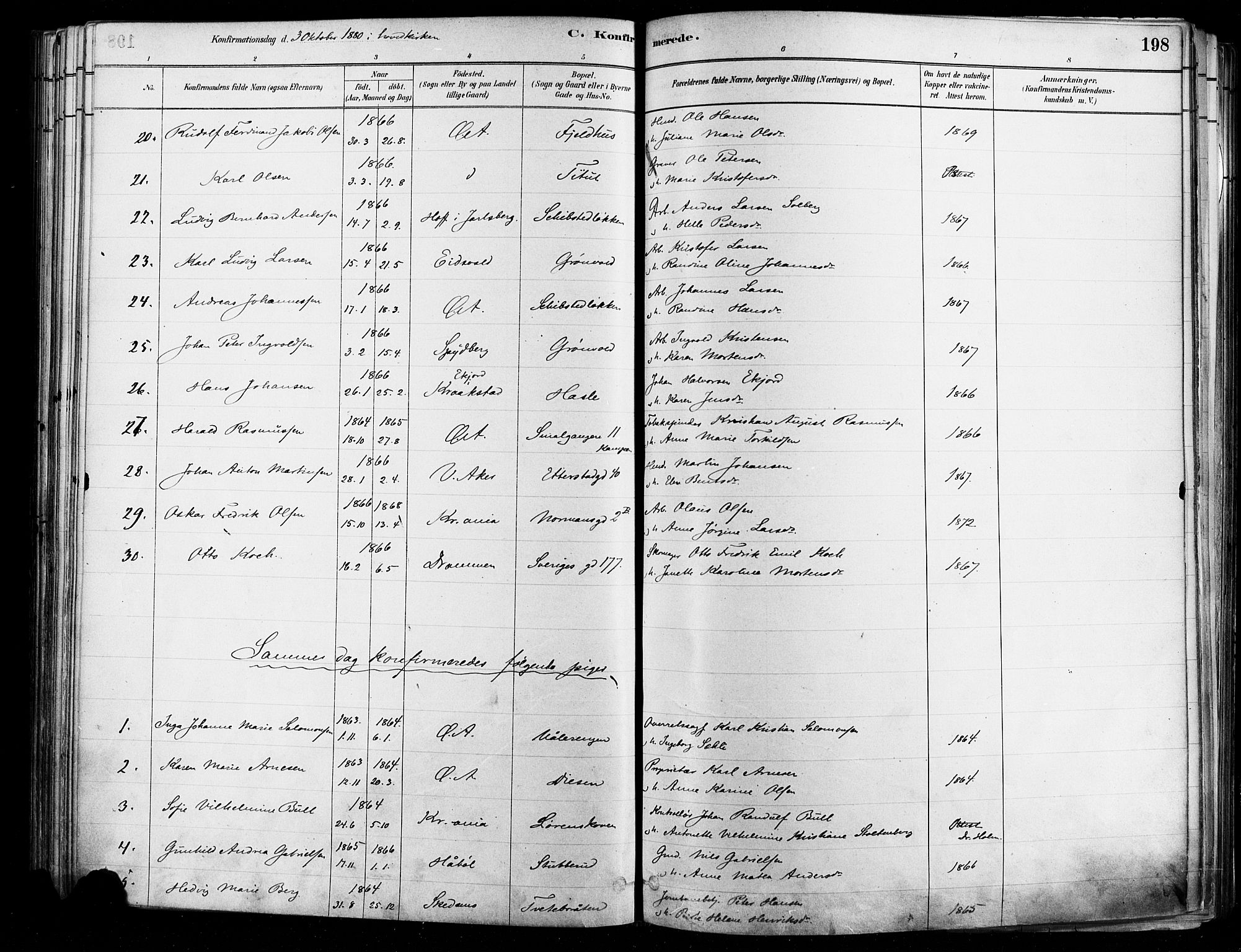 Østre Aker prestekontor Kirkebøker, AV/SAO-A-10840/F/Fa/L0006: Parish register (official) no. I 5, 1879-1882, p. 198