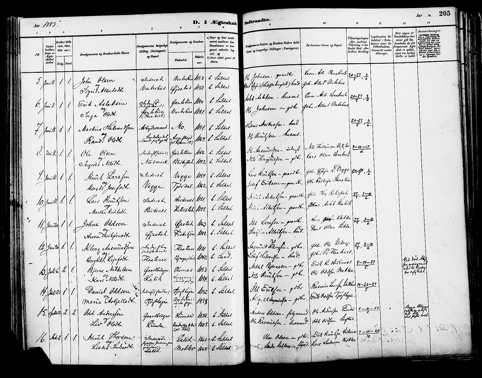 Suldal sokneprestkontor, AV/SAST-A-101845/01/IV/L0011: Parish register (official) no. A 11, 1878-1900, p. 205