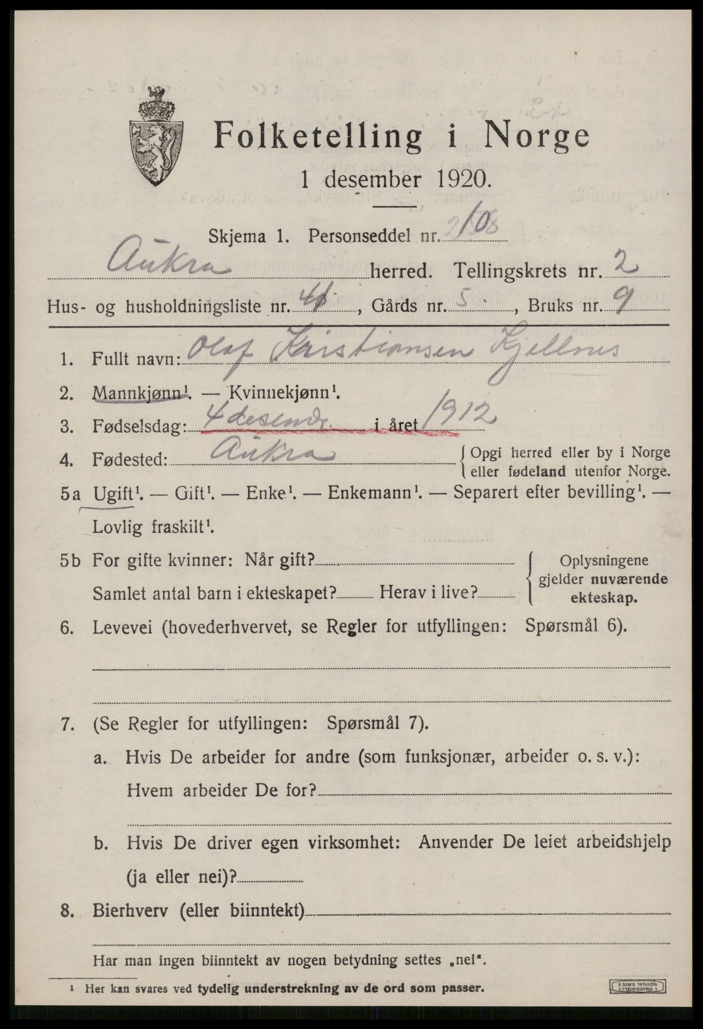 SAT, 1920 census for Aukra, 1920, p. 2131