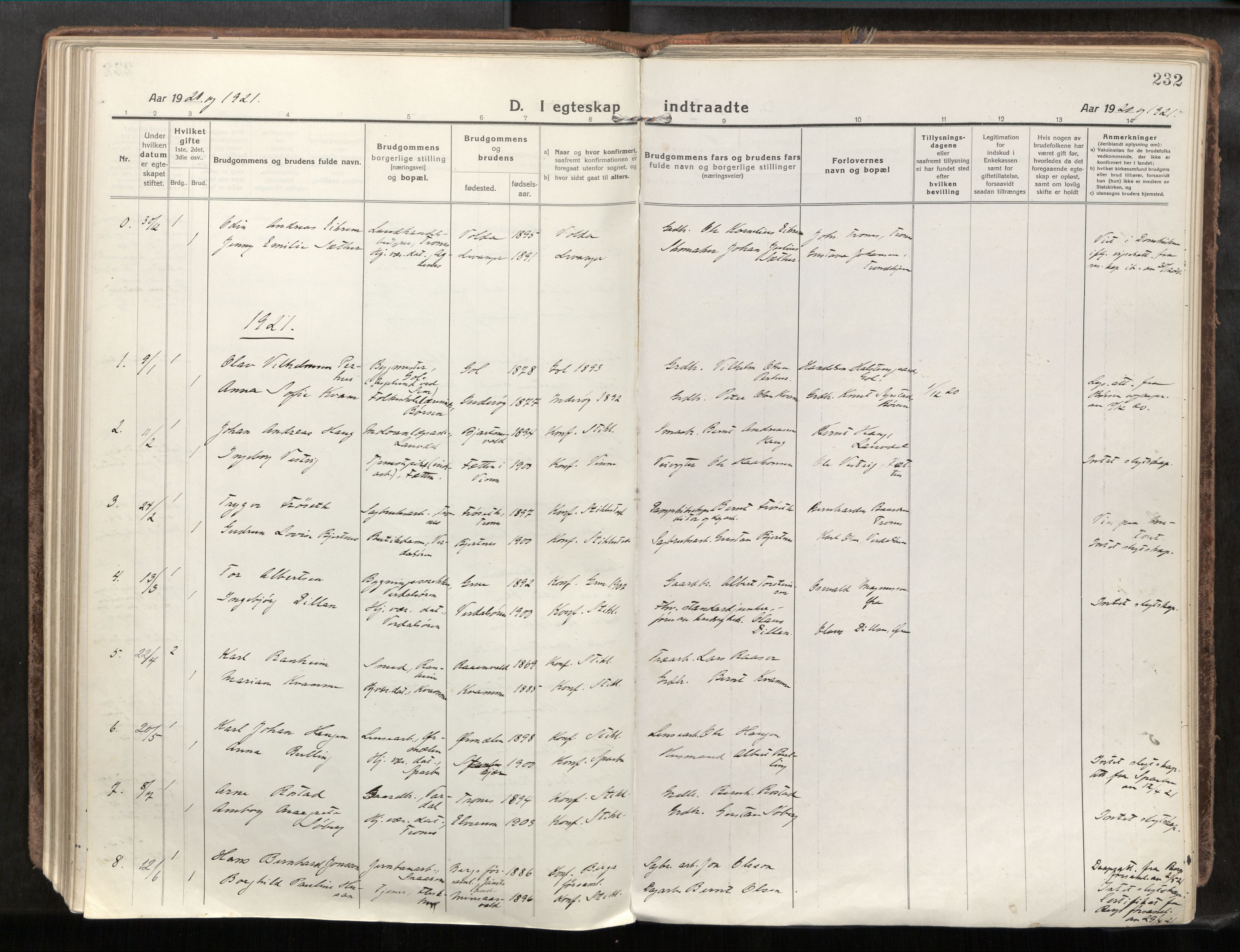 Verdal sokneprestkontor, SAT/A-1156/2/H/Haa/L0001: Parish register (official) no. 1, 1917-1932, p. 232