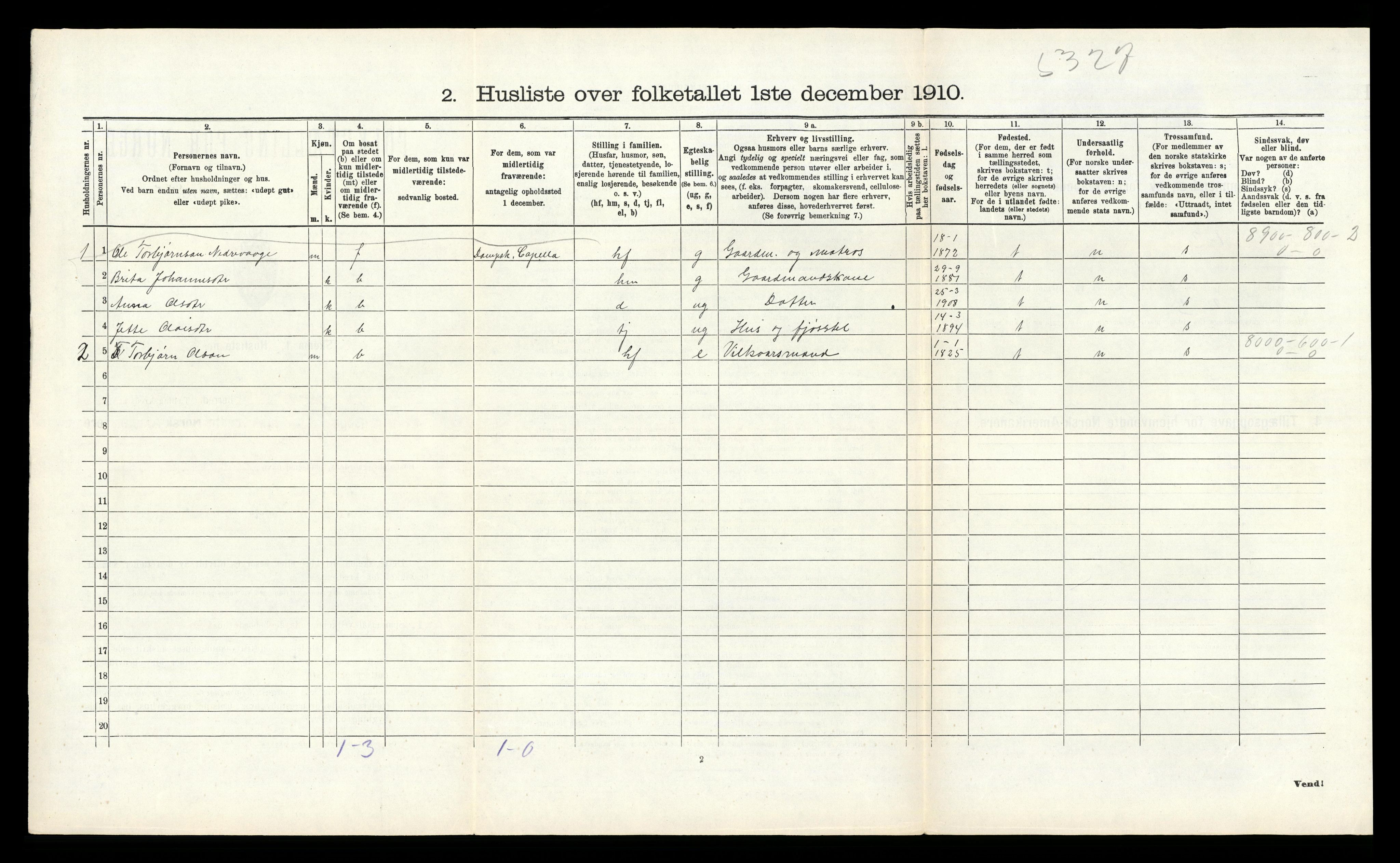 RA, 1910 census for Tysnes, 1910, p. 1379