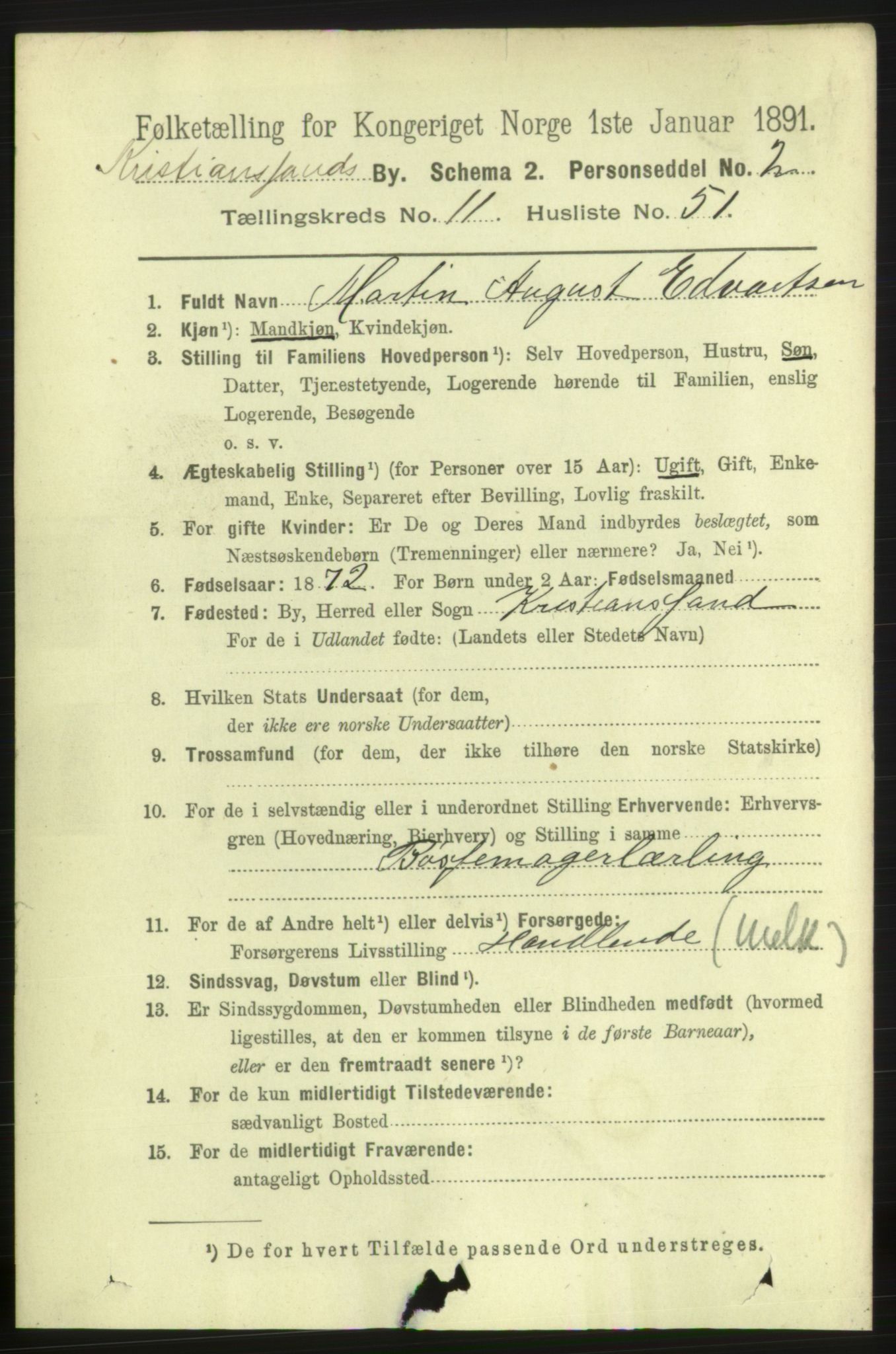 RA, 1891 census for 1001 Kristiansand, 1891, p. 5998