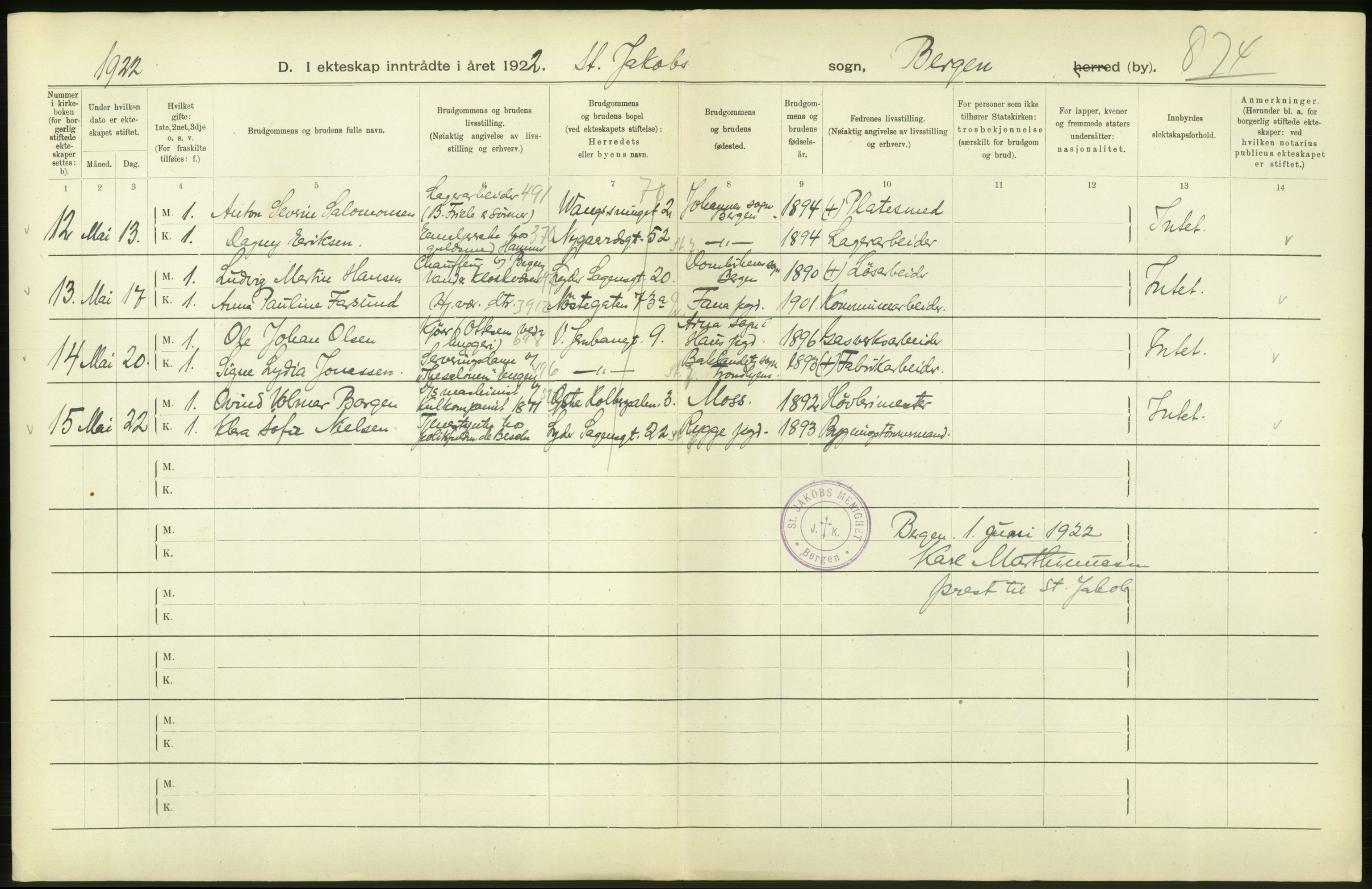 Statistisk sentralbyrå, Sosiodemografiske emner, Befolkning, AV/RA-S-2228/D/Df/Dfc/Dfcb/L0030: Bergen: Gifte, døde, dødfødte., 1922, p. 18