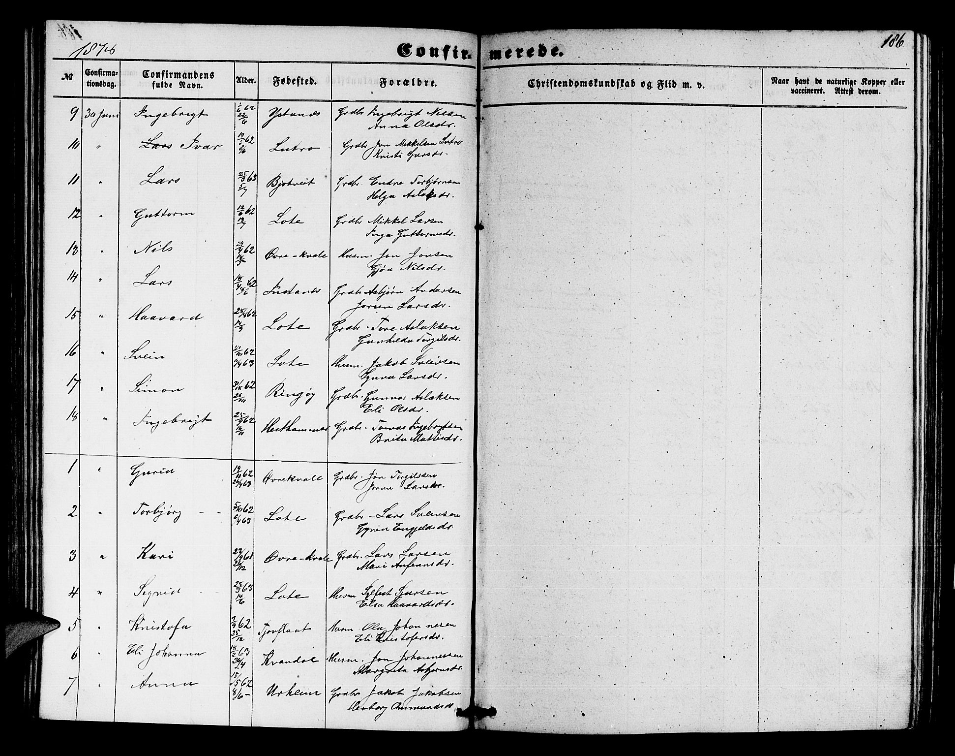 Ullensvang sokneprestembete, SAB/A-78701/H/Hab: Parish register (copy) no. E 6, 1857-1886, p. 186
