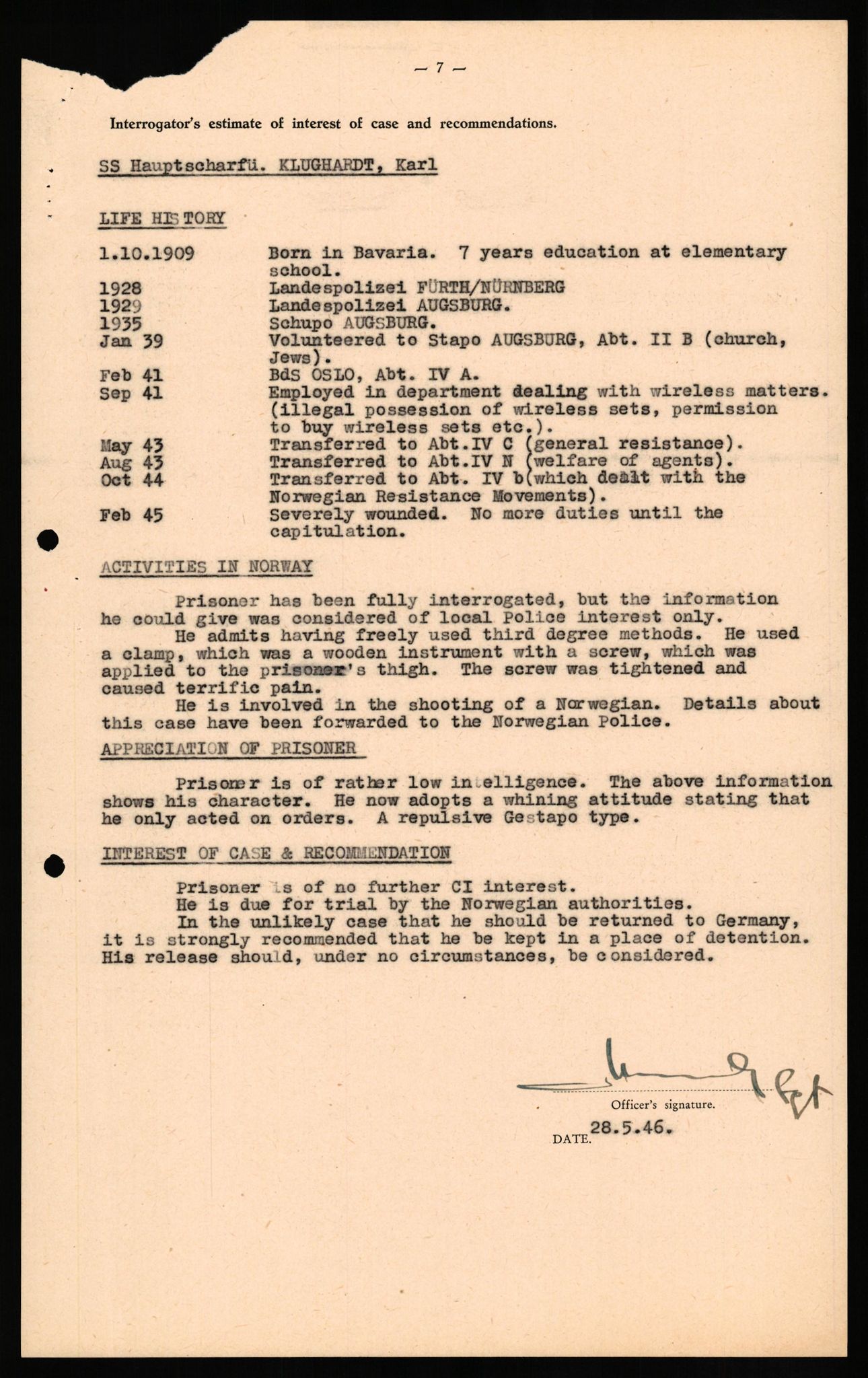 Forsvaret, Forsvarets overkommando II, AV/RA-RAFA-3915/D/Db/L0017: CI Questionaires. Tyske okkupasjonsstyrker i Norge. Tyskere., 1945-1946, p. 70