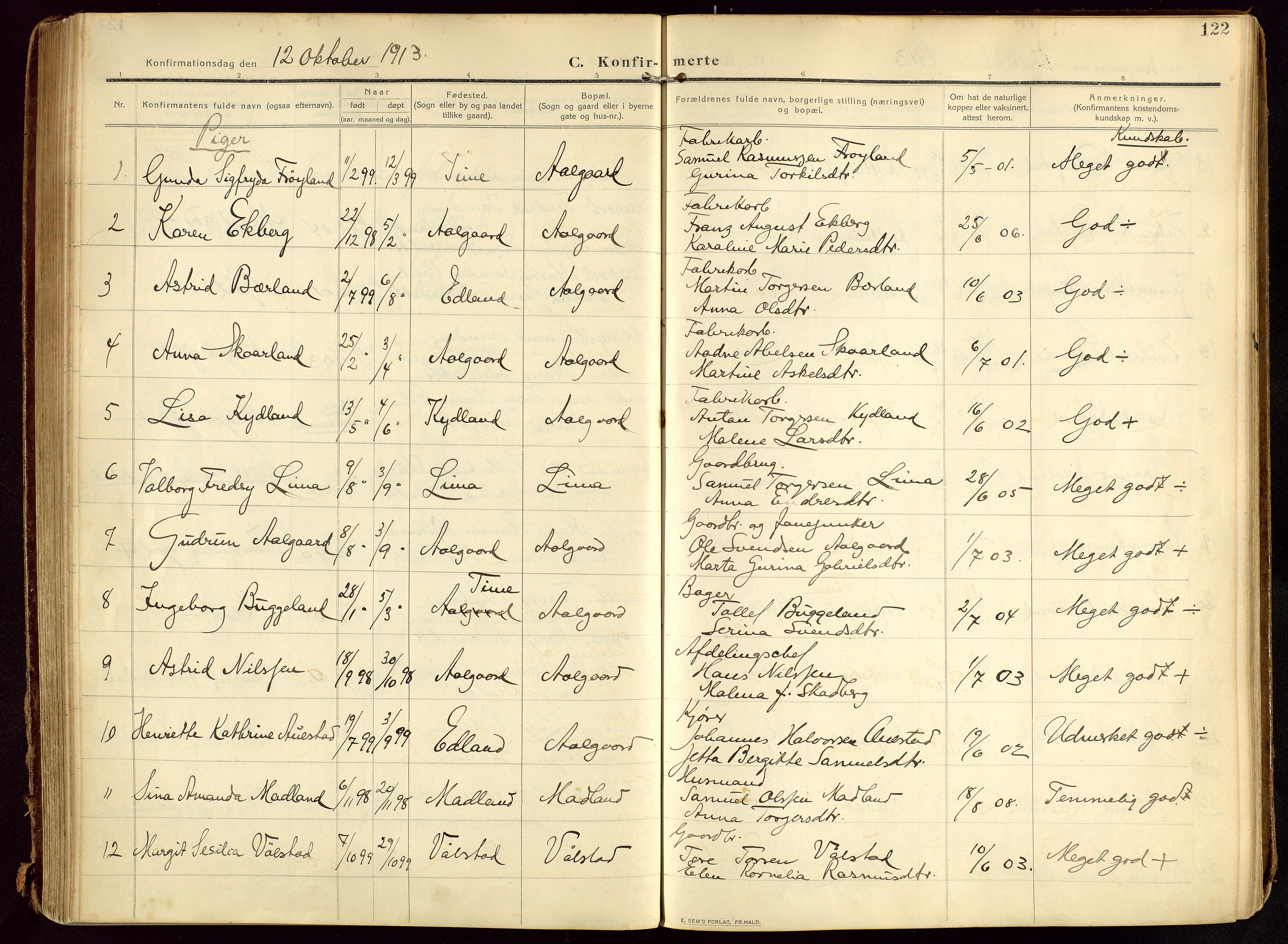 Lye sokneprestkontor, AV/SAST-A-101794/002/B/L0001: Parish register (official) no. A 13, 1910-1925, p. 122