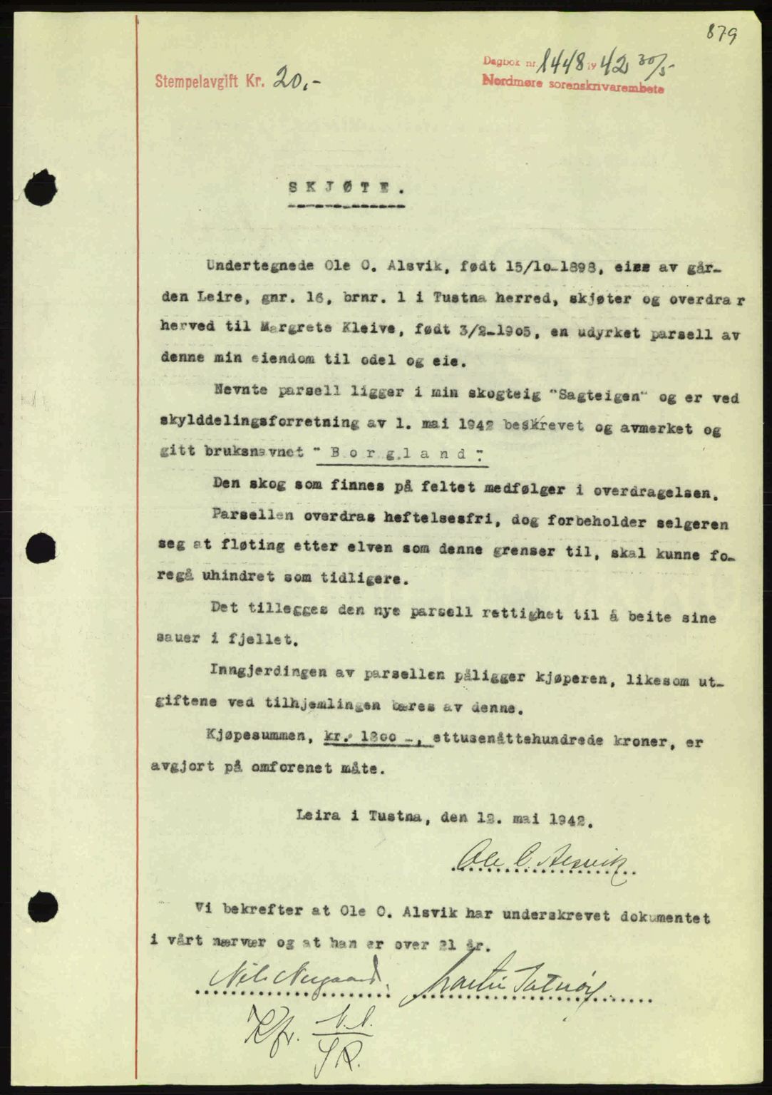 Nordmøre sorenskriveri, AV/SAT-A-4132/1/2/2Ca: Mortgage book no. A92, 1942-1942, Diary no: : 1448/1942