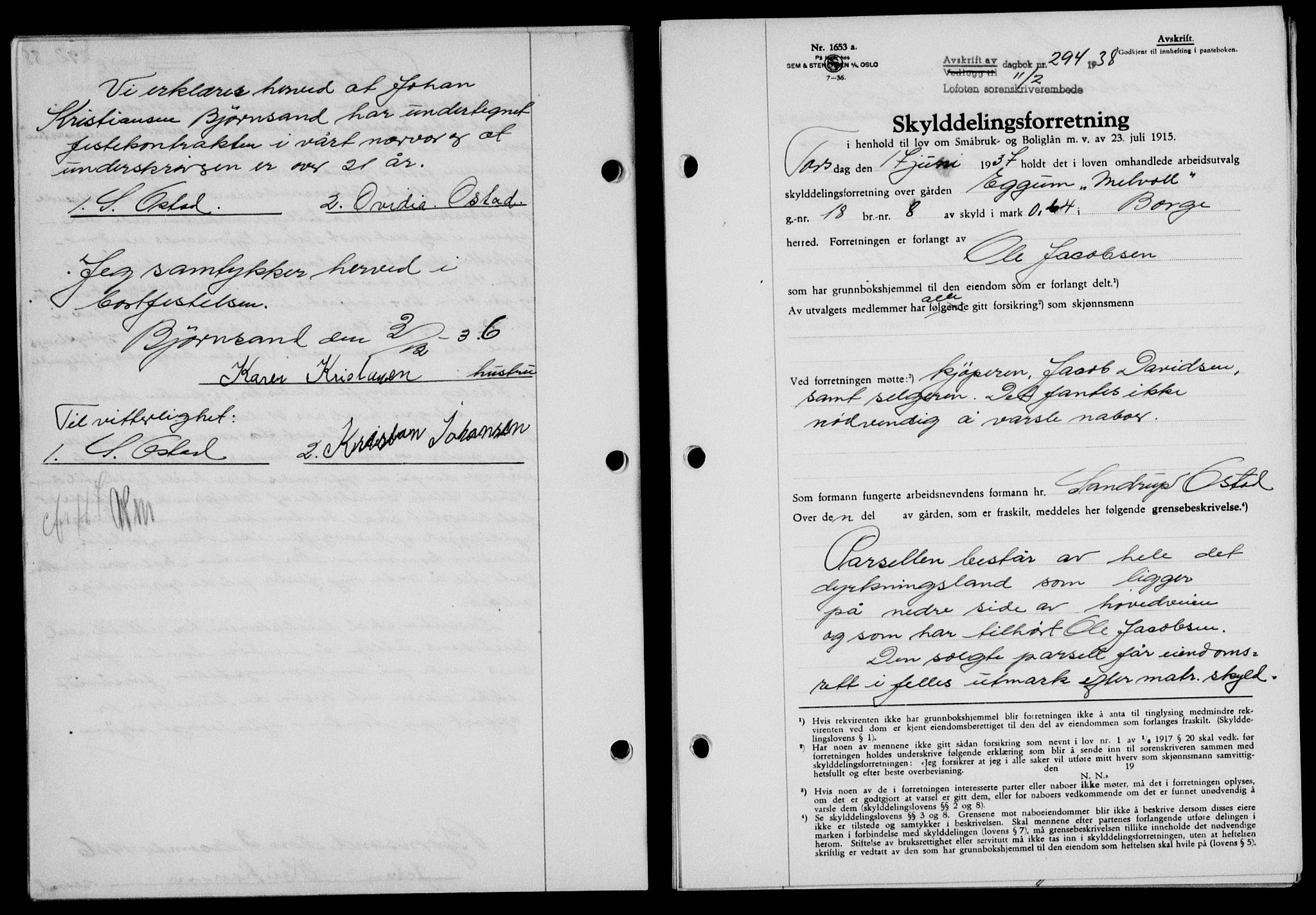 Lofoten sorenskriveri, SAT/A-0017/1/2/2C/L0003a: Mortgage book no. 3a, 1937-1938, Diary no: : 294/1938