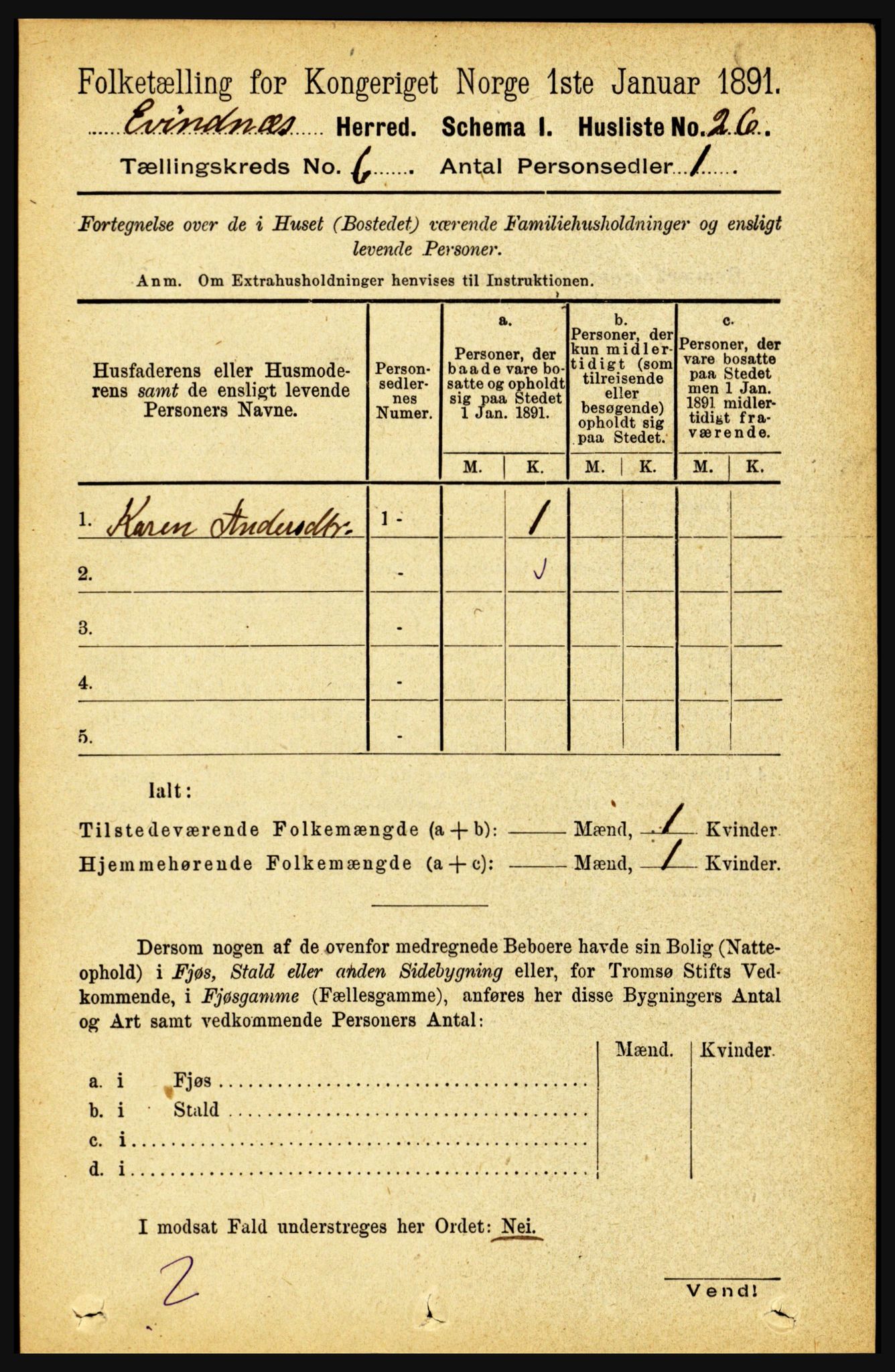 RA, 1891 census for 1853 Evenes, 1891, p. 1910