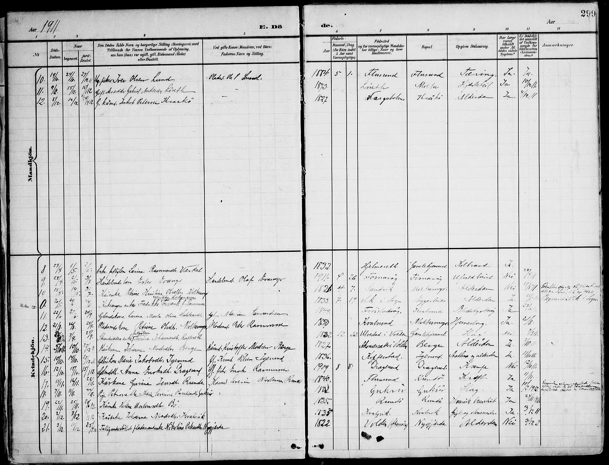 Ministerialprotokoller, klokkerbøker og fødselsregistre - Møre og Romsdal, SAT/A-1454/507/L0075: Parish register (official) no. 507A10, 1901-1920, p. 299