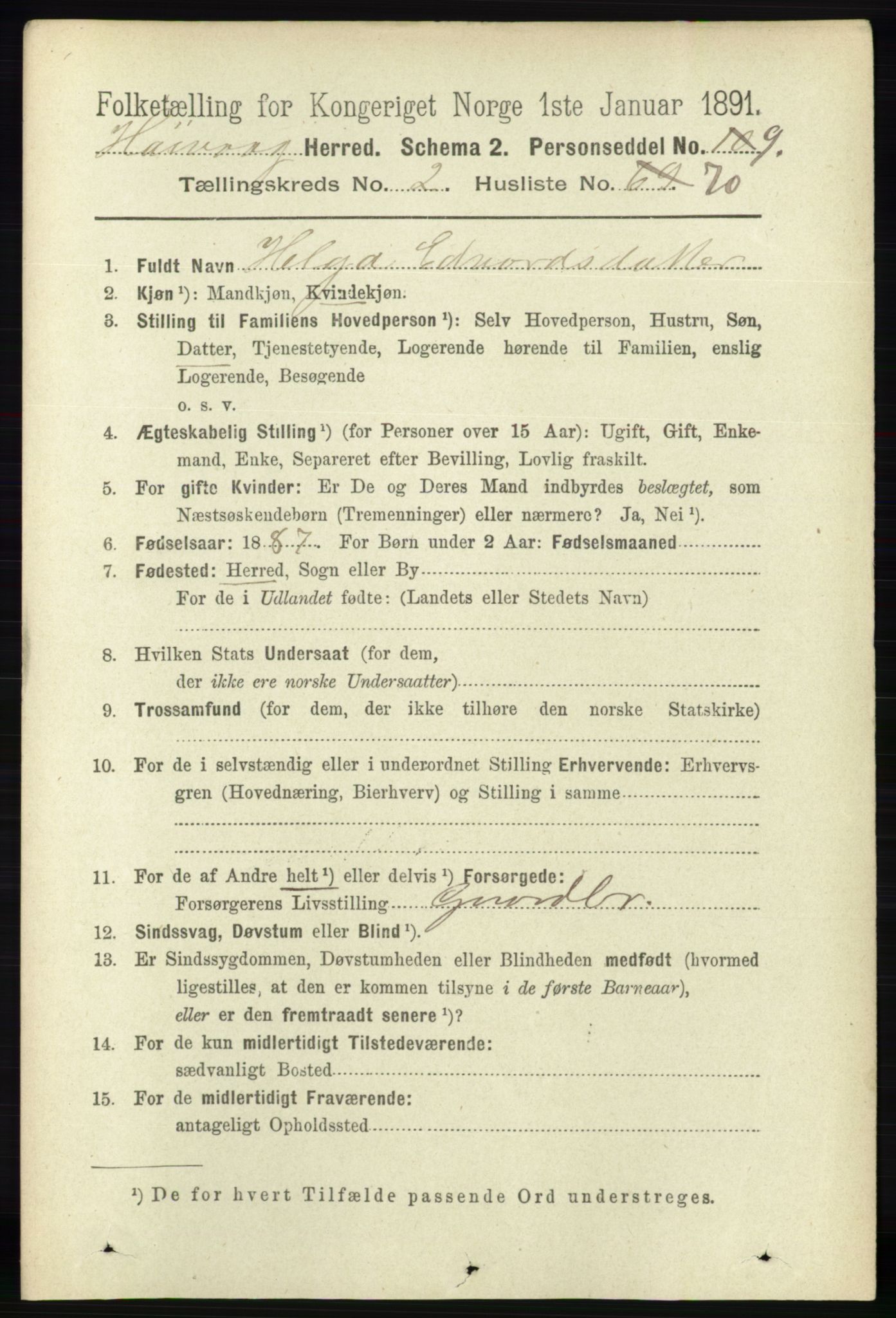 RA, 1891 census for 0927 Høvåg, 1891, p. 912