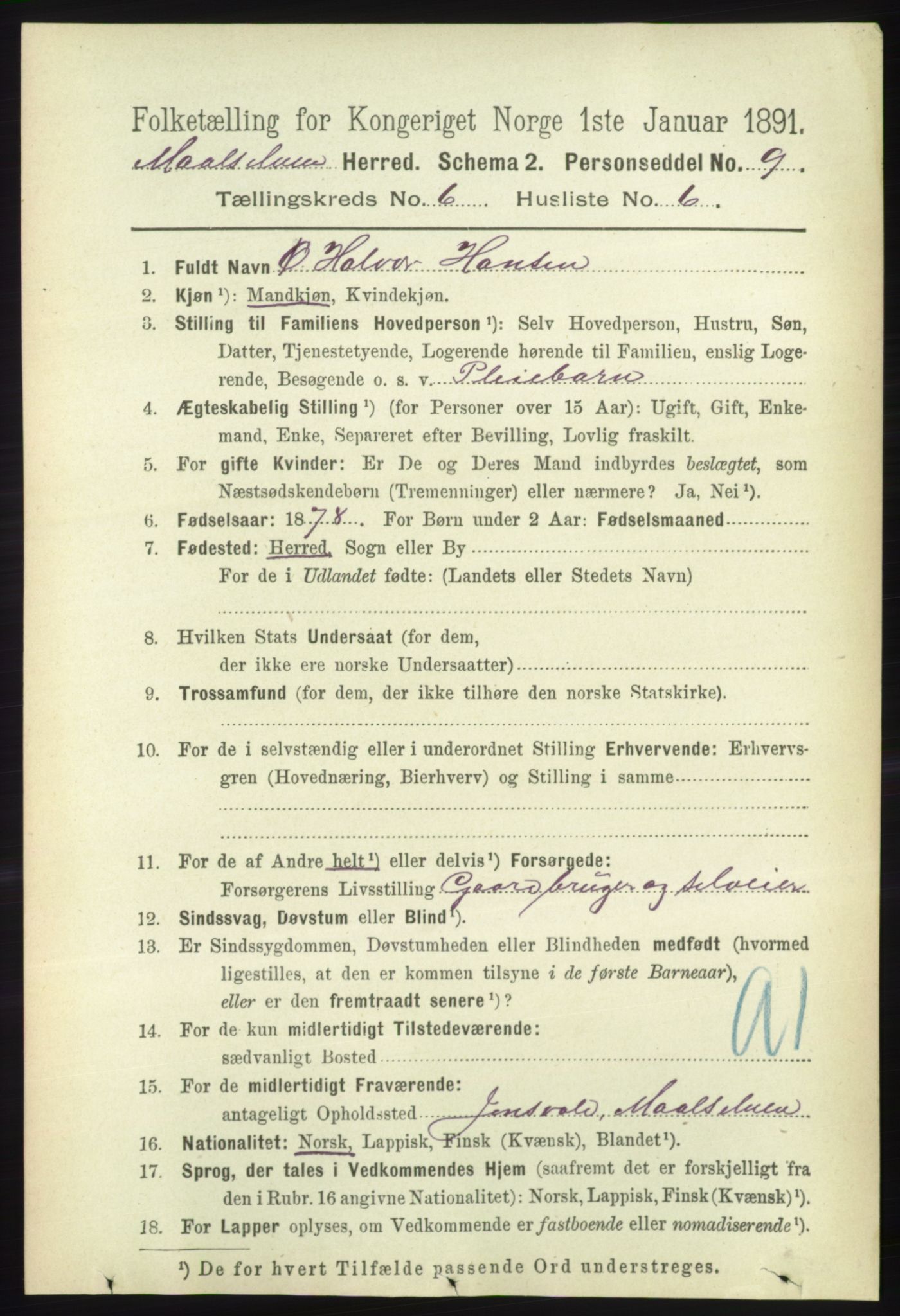 RA, 1891 census for 1924 Målselv, 1891, p. 2080