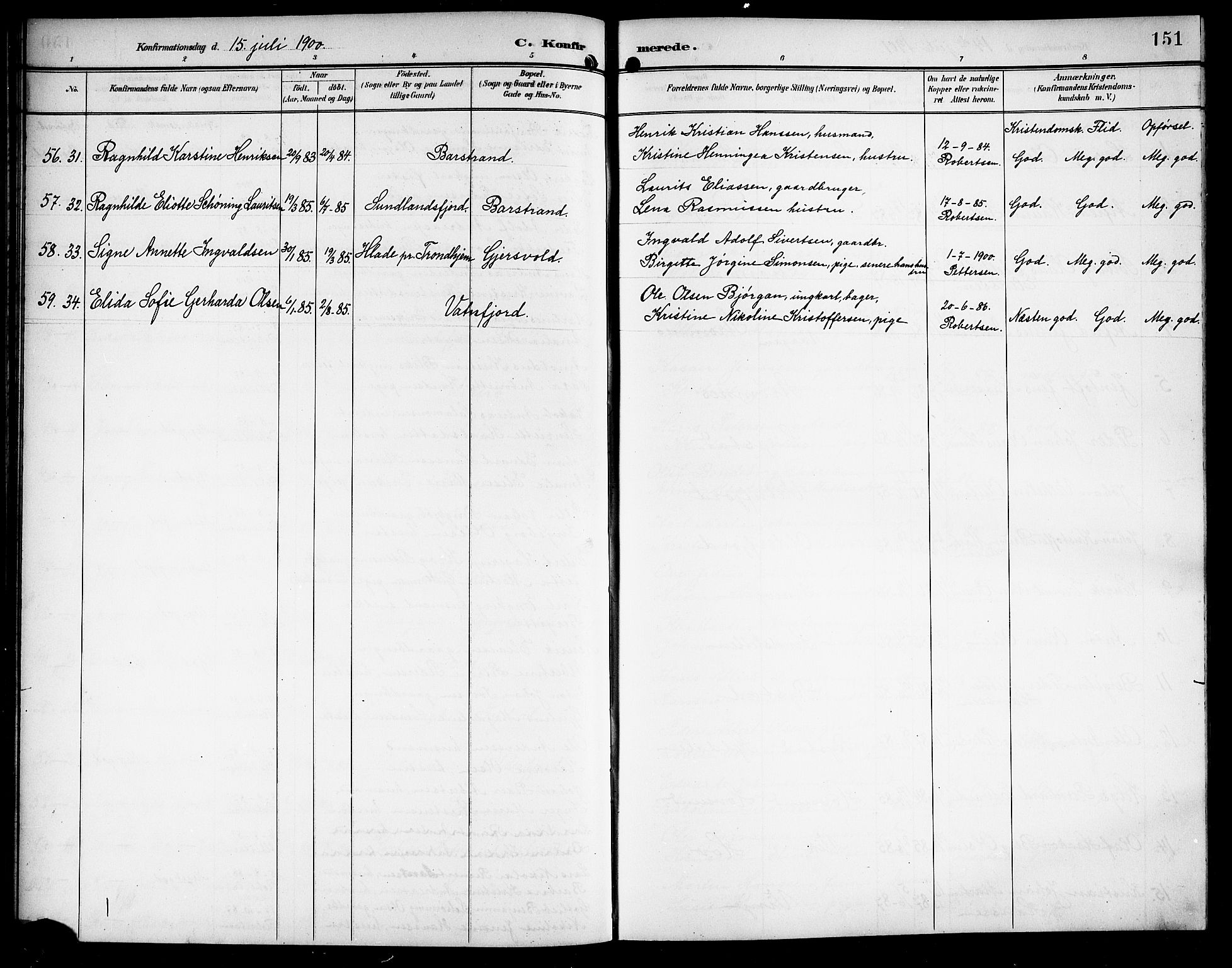 Ministerialprotokoller, klokkerbøker og fødselsregistre - Nordland, AV/SAT-A-1459/876/L1105: Parish register (copy) no. 876C04, 1896-1914, p. 151