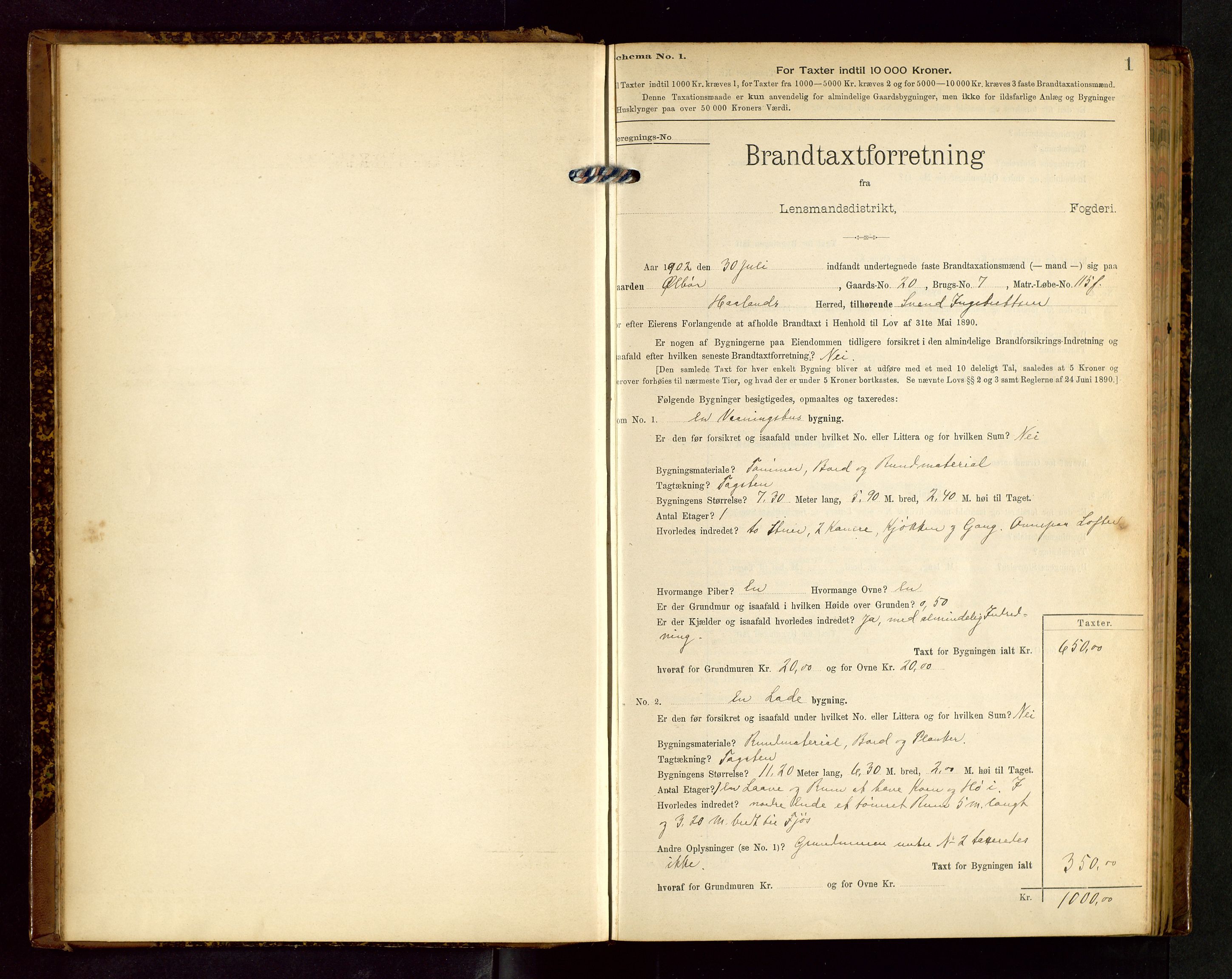 Håland lensmannskontor, SAST/A-100100/Gob/L0002: Branntakstprotokoll - skjematakst. Register i boken., 1902-1906, p. 1