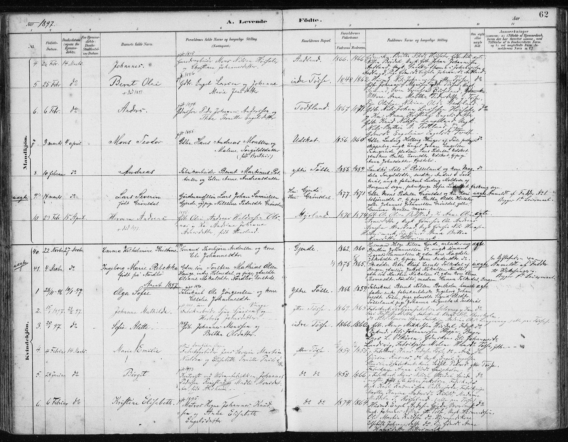 Samnanger Sokneprestembete, AV/SAB-A-77501/H/Haa: Parish register (official) no. A 1, 1885-1901, p. 62