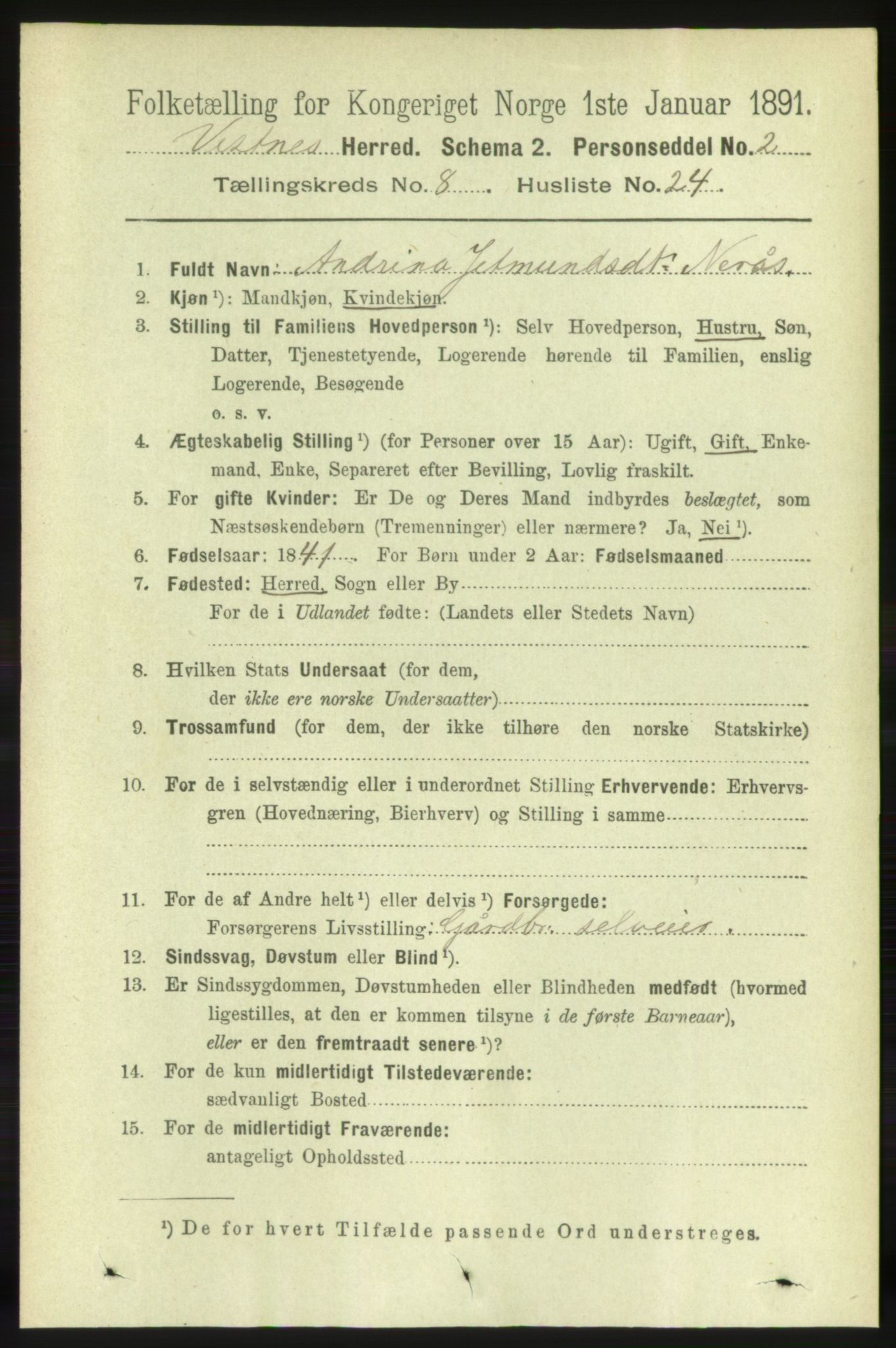 RA, 1891 census for 1535 Vestnes, 1891, p. 3284