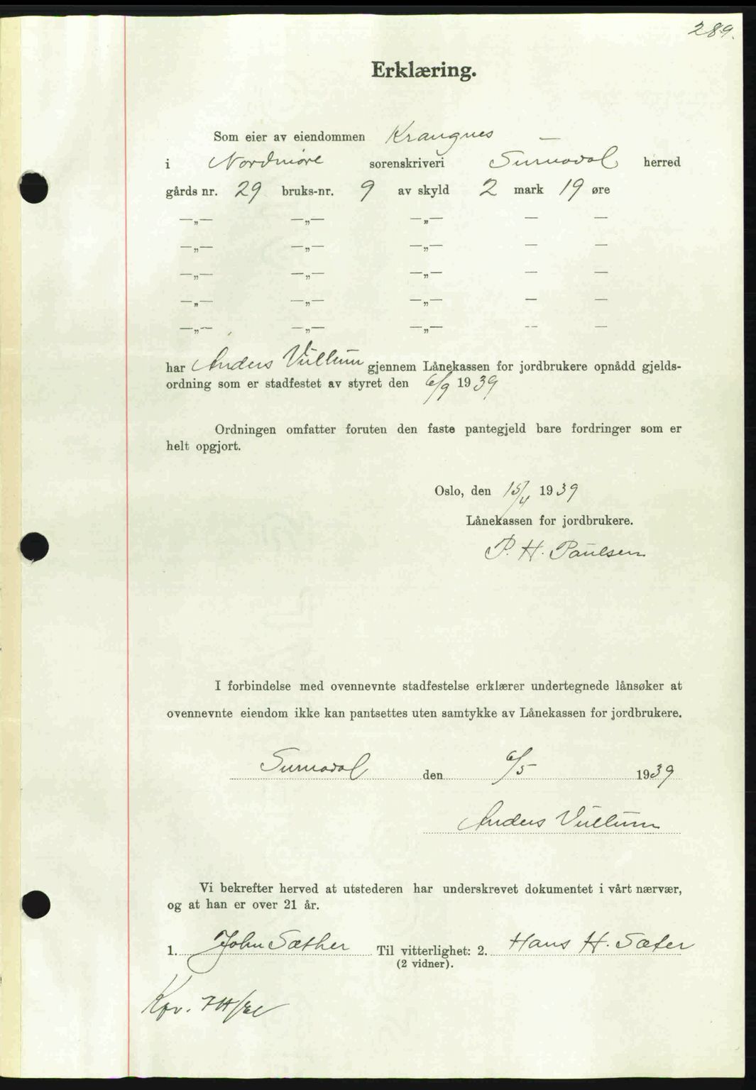 Nordmøre sorenskriveri, AV/SAT-A-4132/1/2/2Ca: Mortgage book no. B85, 1939-1939, Diary no: : 1208/1939