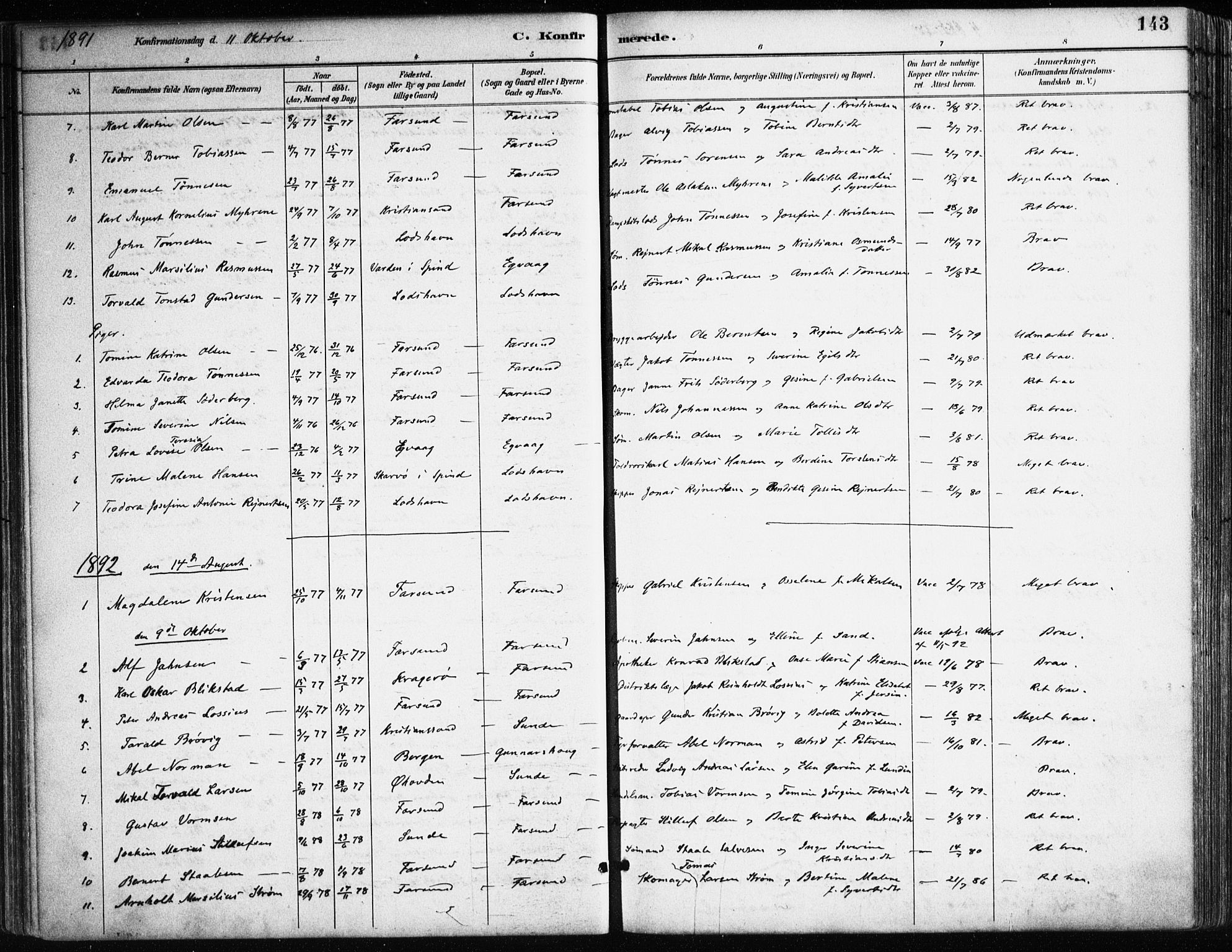 Farsund sokneprestkontor, AV/SAK-1111-0009/F/Fa/L0006: Parish register (official) no. A 6, 1887-1920, p. 143