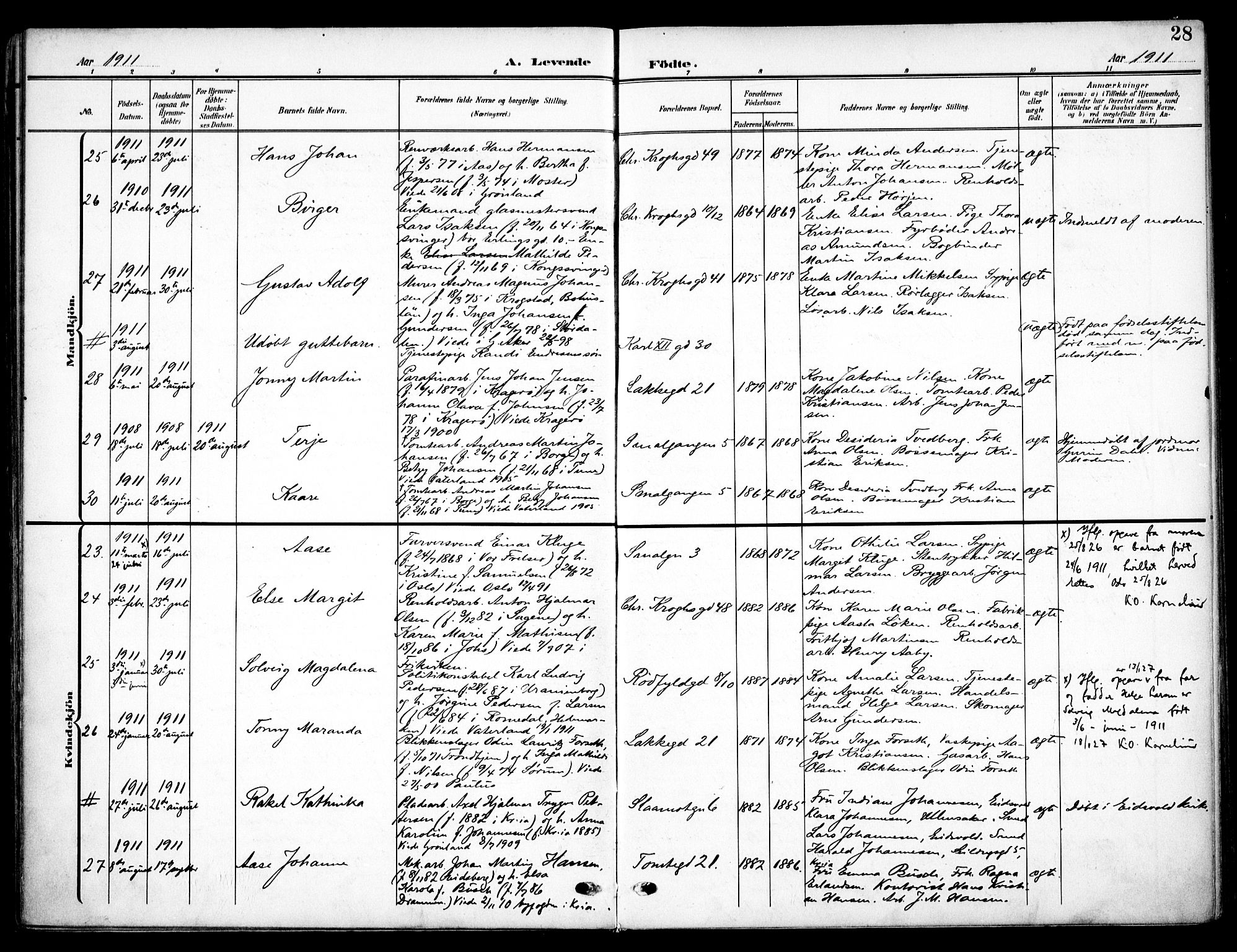 Vaterland prestekontor Kirkebøker, AV/SAO-A-10880/F/Fa/L0001: Parish register (official) no. 1, 1907-1930, p. 28