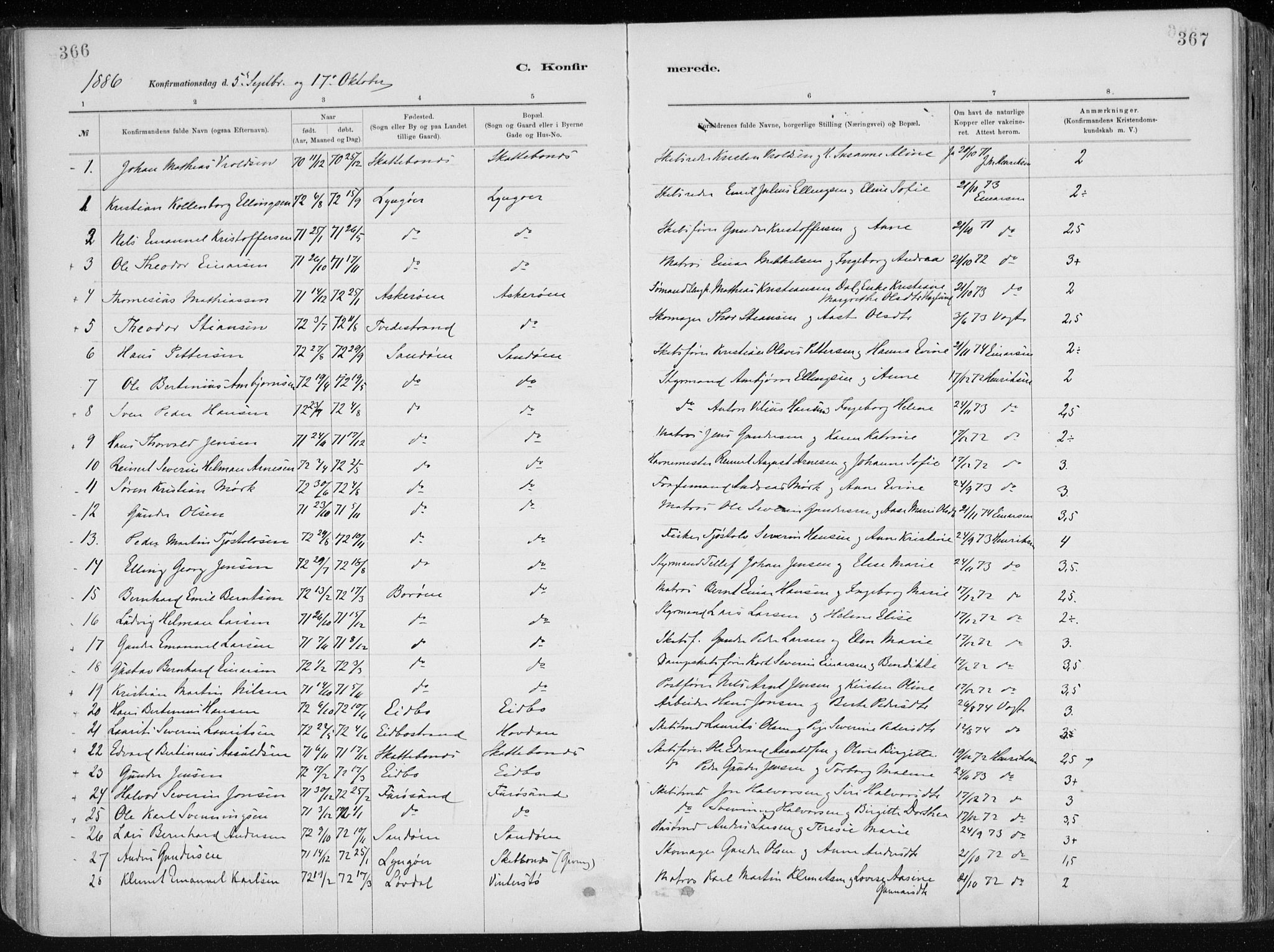 Dypvåg sokneprestkontor, SAK/1111-0007/F/Fa/Faa/L0008: Parish register (official) no. A 8, 1885-1906, p. 366-367