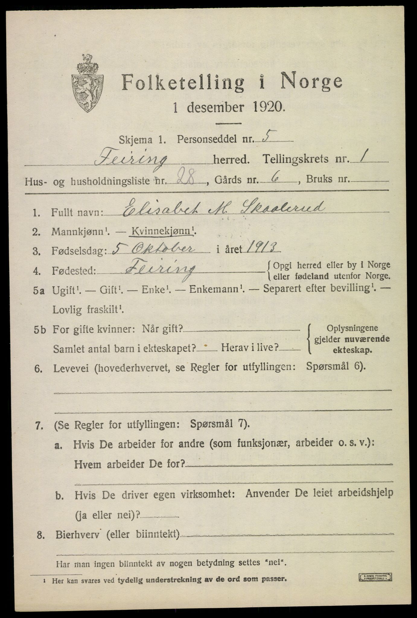 SAO, 1920 census for Feiring, 1920, p. 756