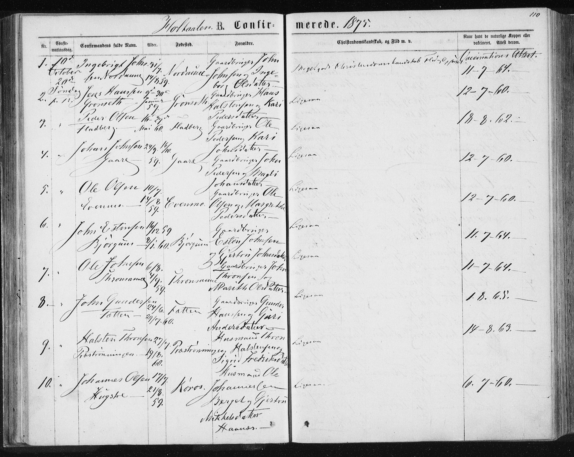 Ministerialprotokoller, klokkerbøker og fødselsregistre - Sør-Trøndelag, SAT/A-1456/685/L0969: Parish register (official) no. 685A08 /1, 1870-1878, p. 110