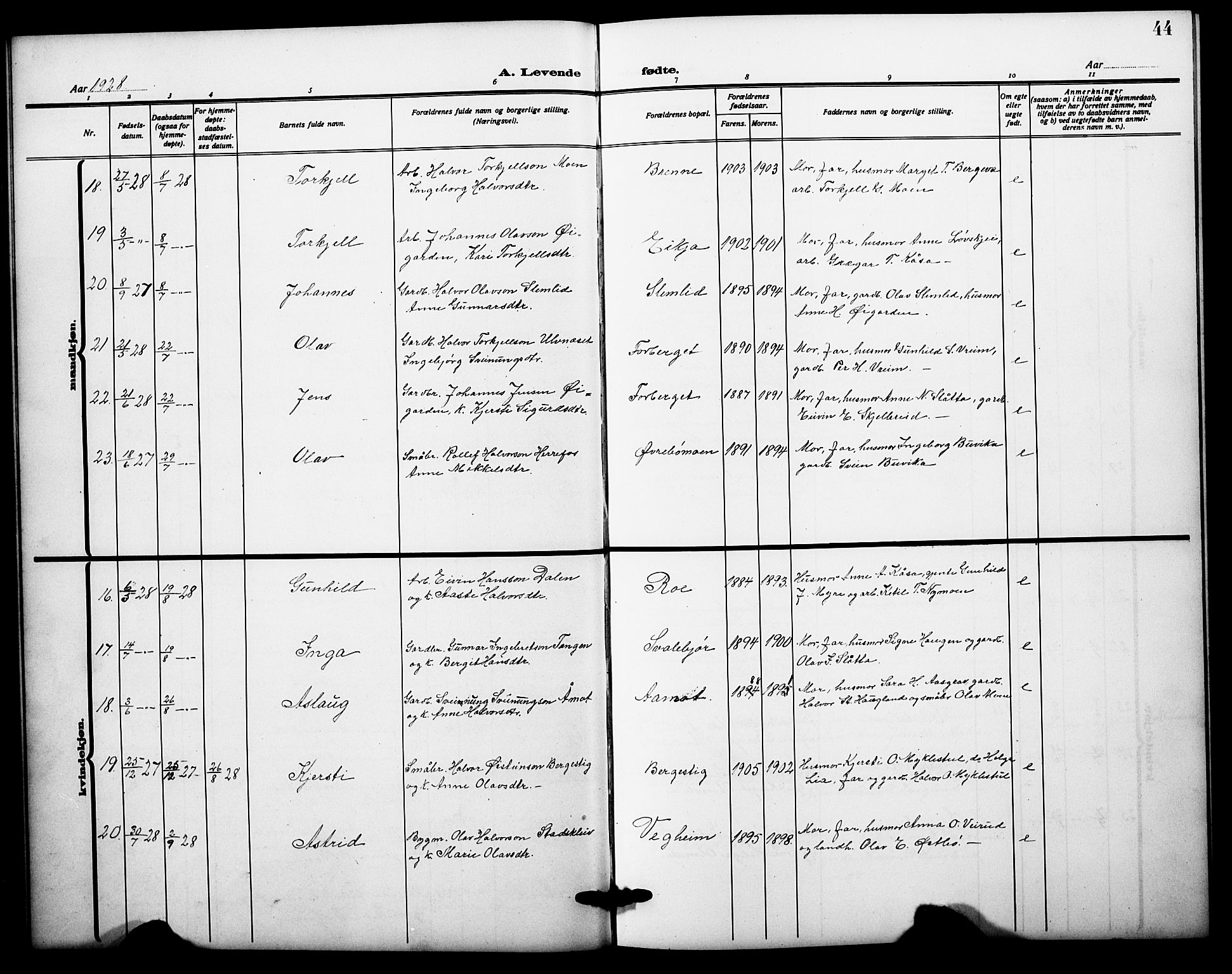 Bø kirkebøker, AV/SAKO-A-257/G/Ga/L0008: Parish register (copy) no. 8, 1920-1930, p. 44