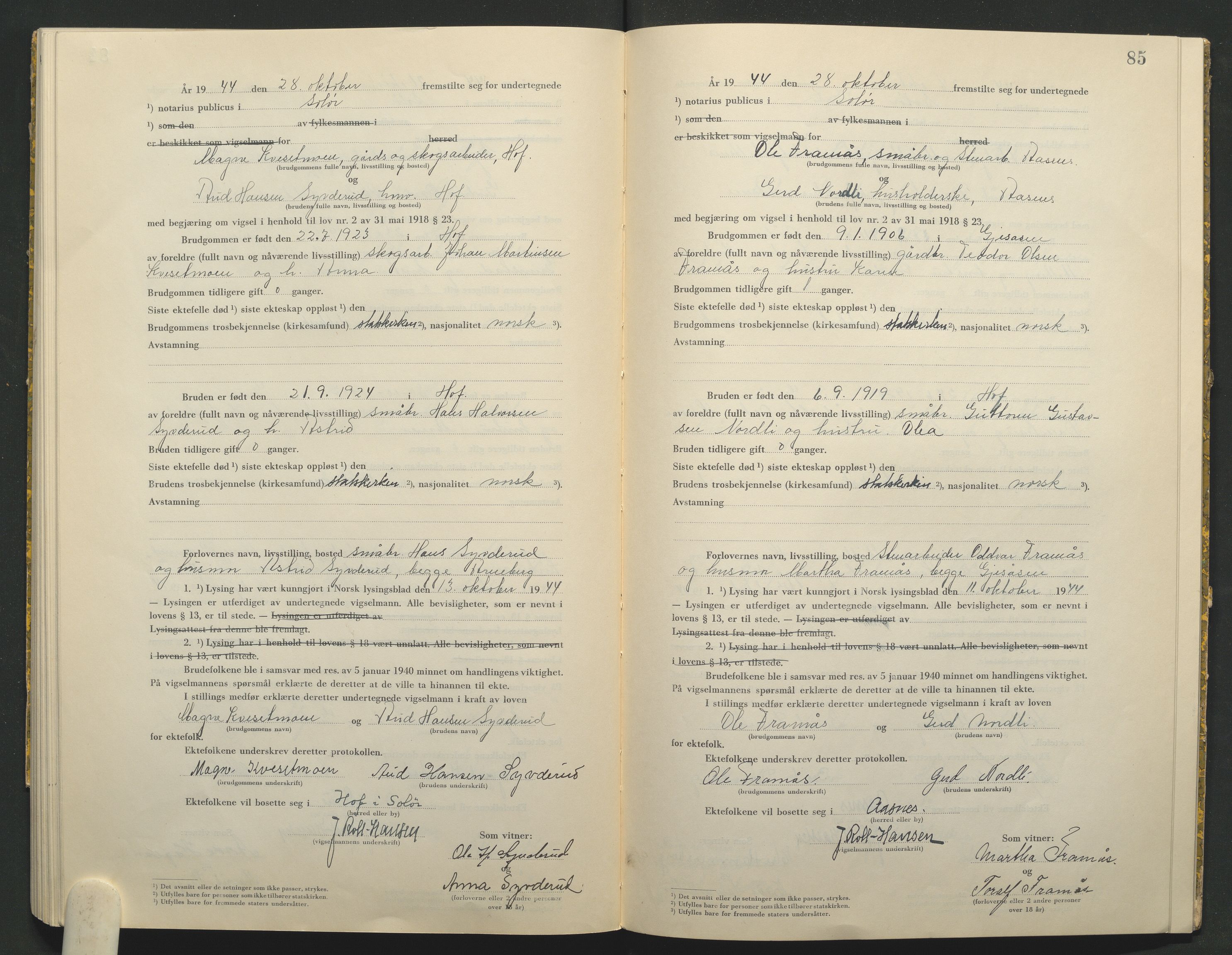 Solør tingrett, AV/SAH-TING-008/L/Lb/L0002: Vigselprotokoll, 1943-1944, p. 85