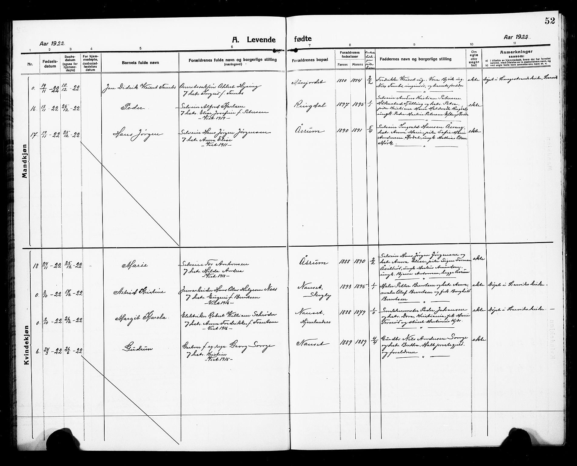 Hedrum kirkebøker, AV/SAKO-A-344/G/Ga/L0005: Parish register (copy) no. I 5, 1916-1930, p. 52