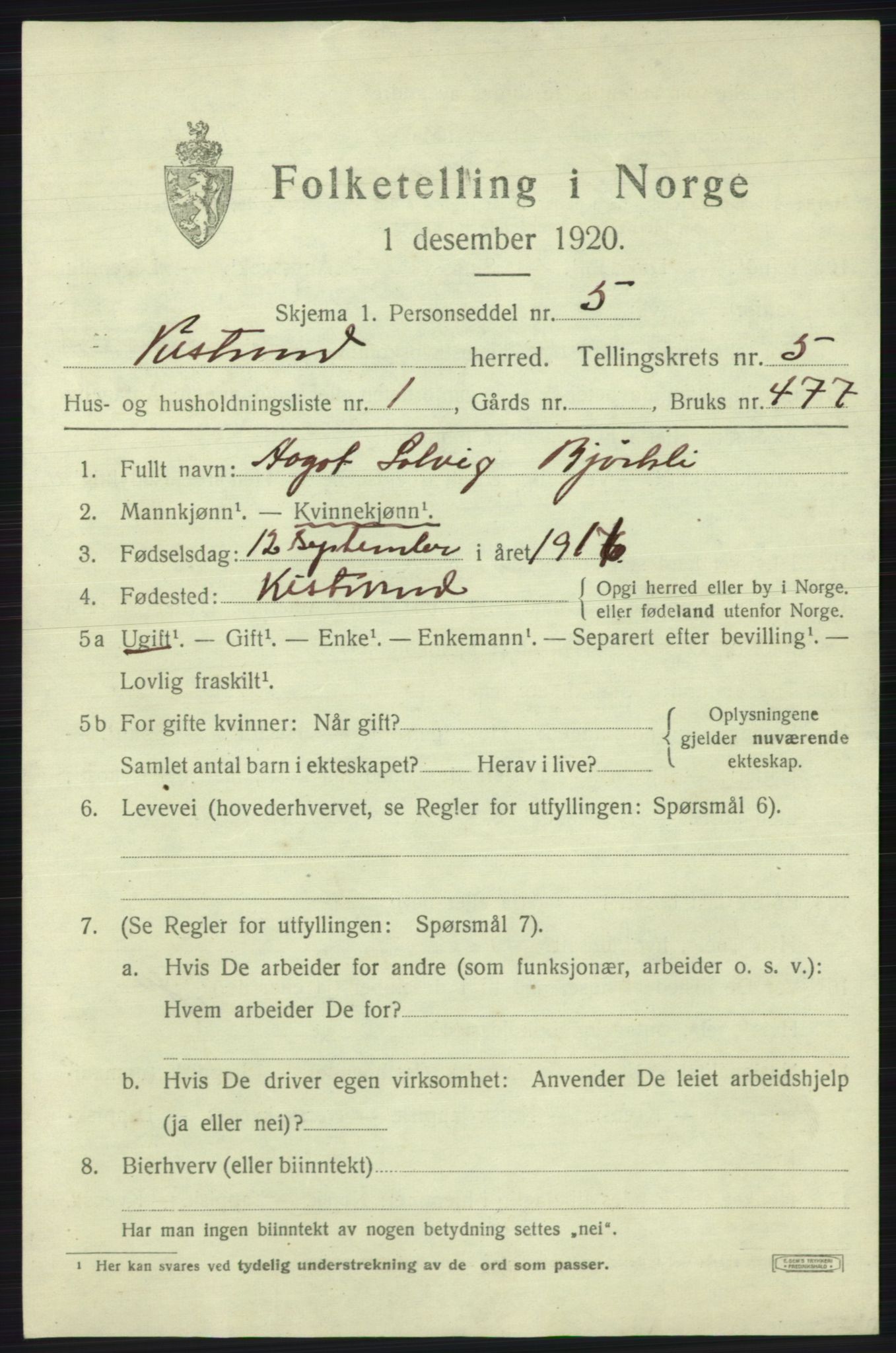 SATØ, 1920 census for Kistrand, 1920, p. 3084