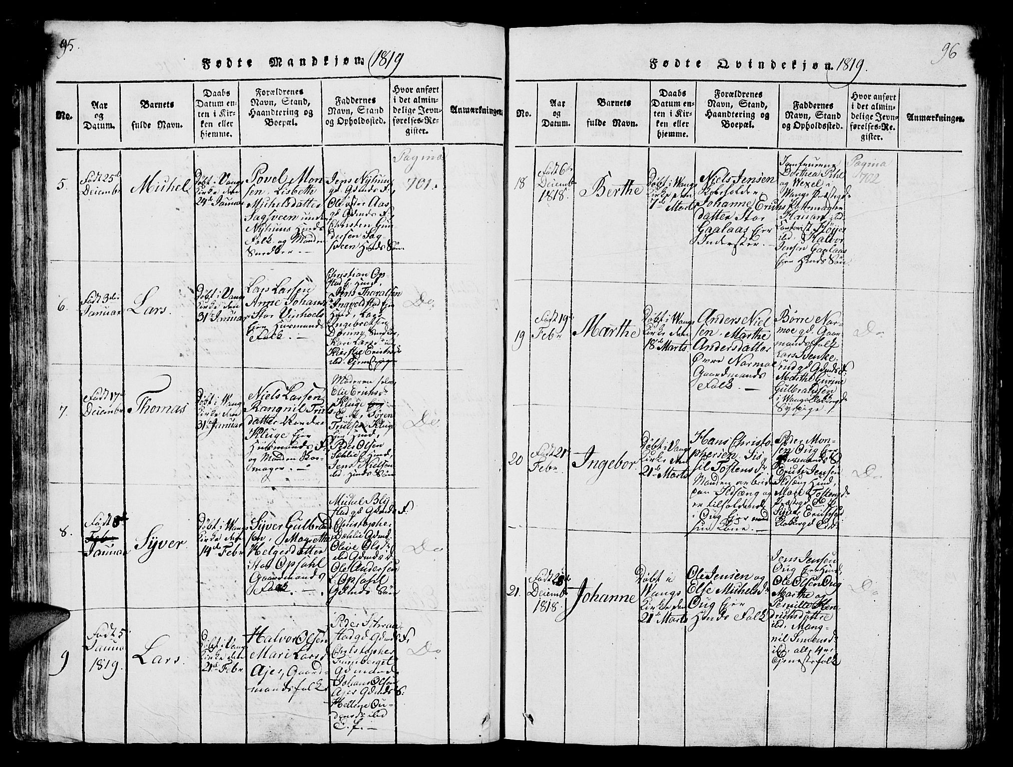 Vang prestekontor, Hedmark, AV/SAH-PREST-008/H/Ha/Hab/L0004: Parish register (copy) no. 4, 1813-1827, p. 95-96