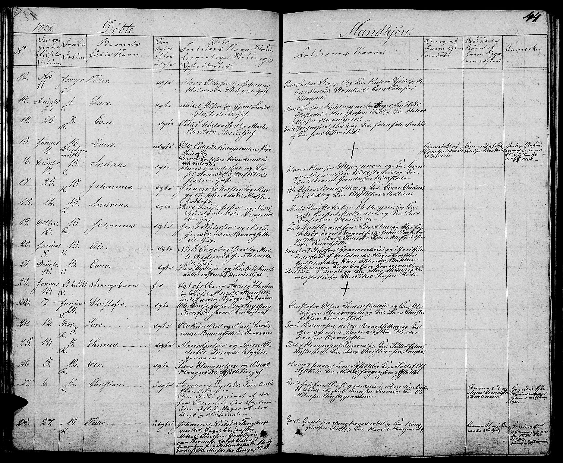 Ringsaker prestekontor, AV/SAH-PREST-014/L/La/L0004: Parish register (copy) no. 4, 1827-1838, p. 44