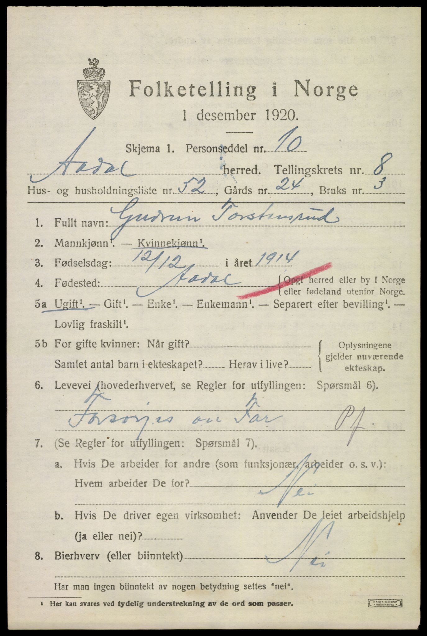 SAKO, 1920 census for Ådal, 1920, p. 5960