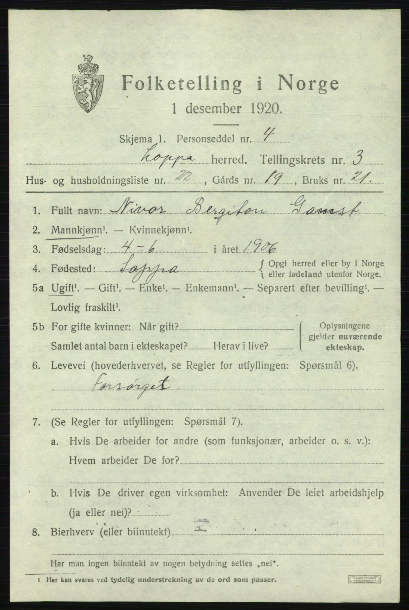 SATØ, 1920 census for Loppa, 1920, p. 1304