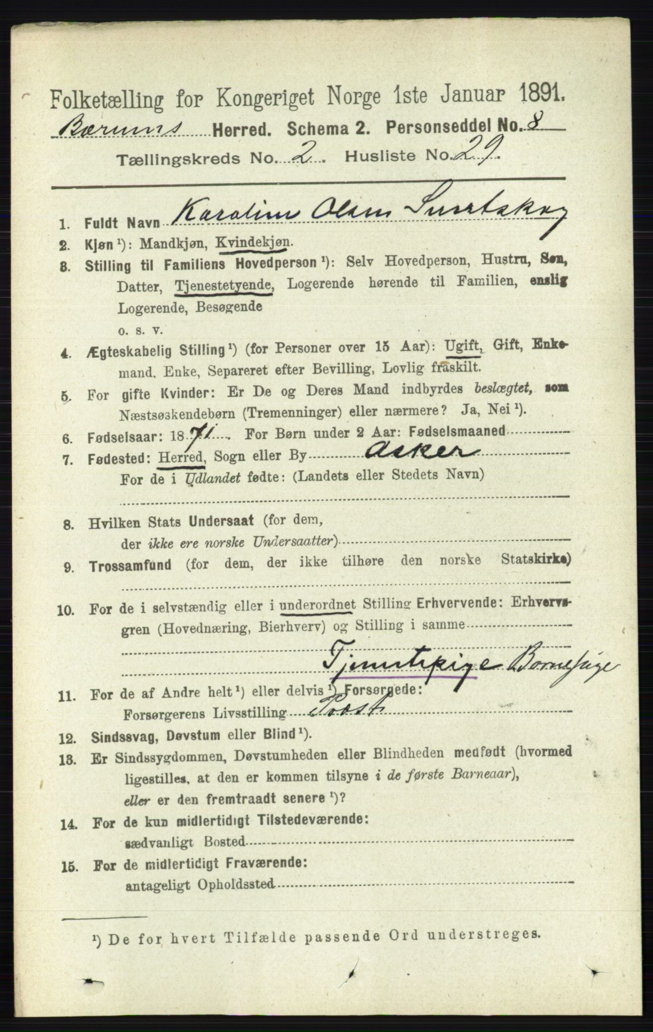RA, 1891 census for 0219 Bærum, 1891, p. 1292