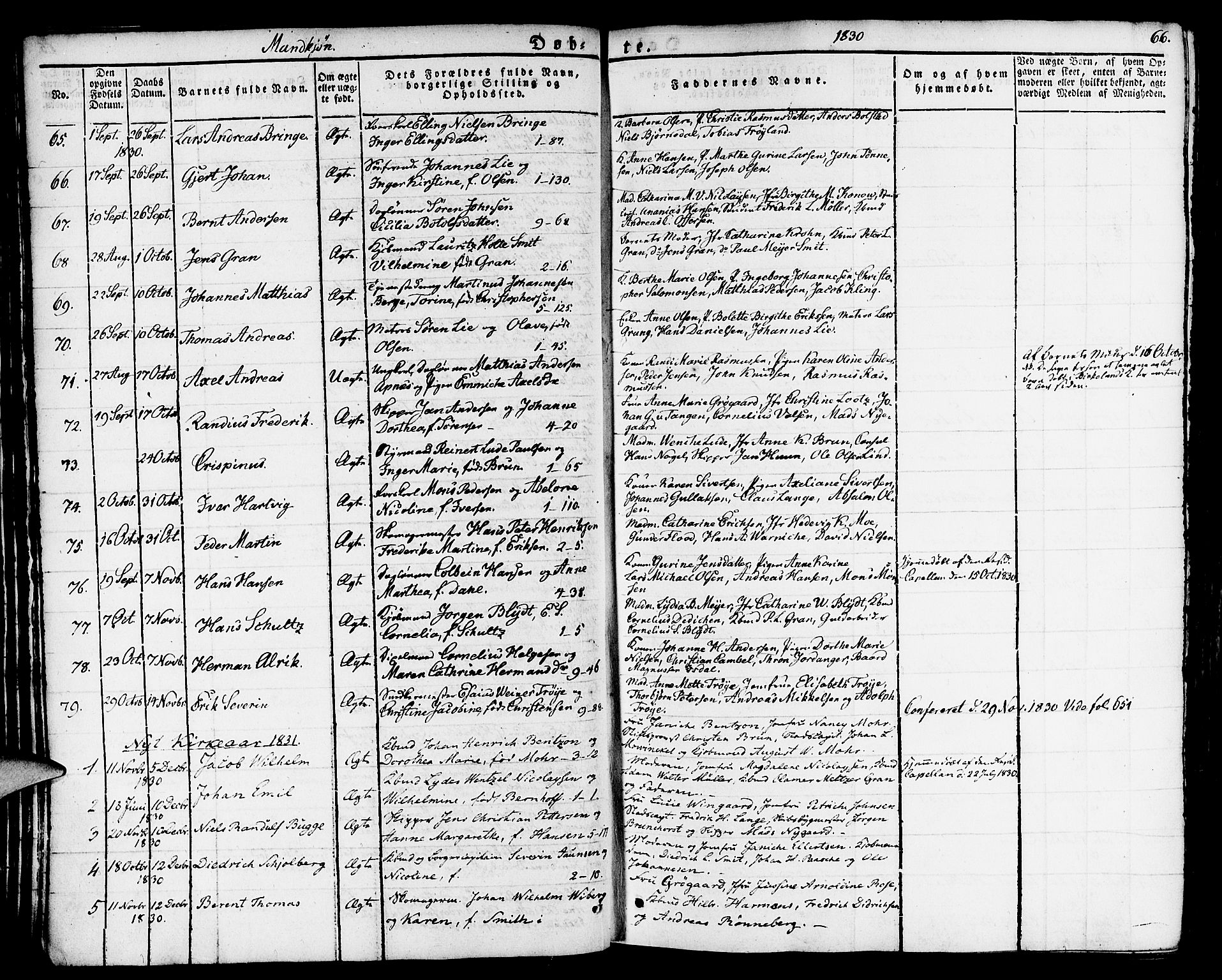 Nykirken Sokneprestembete, SAB/A-77101/H/Haa/L0012: Parish register (official) no. A 12, 1821-1844, p. 66