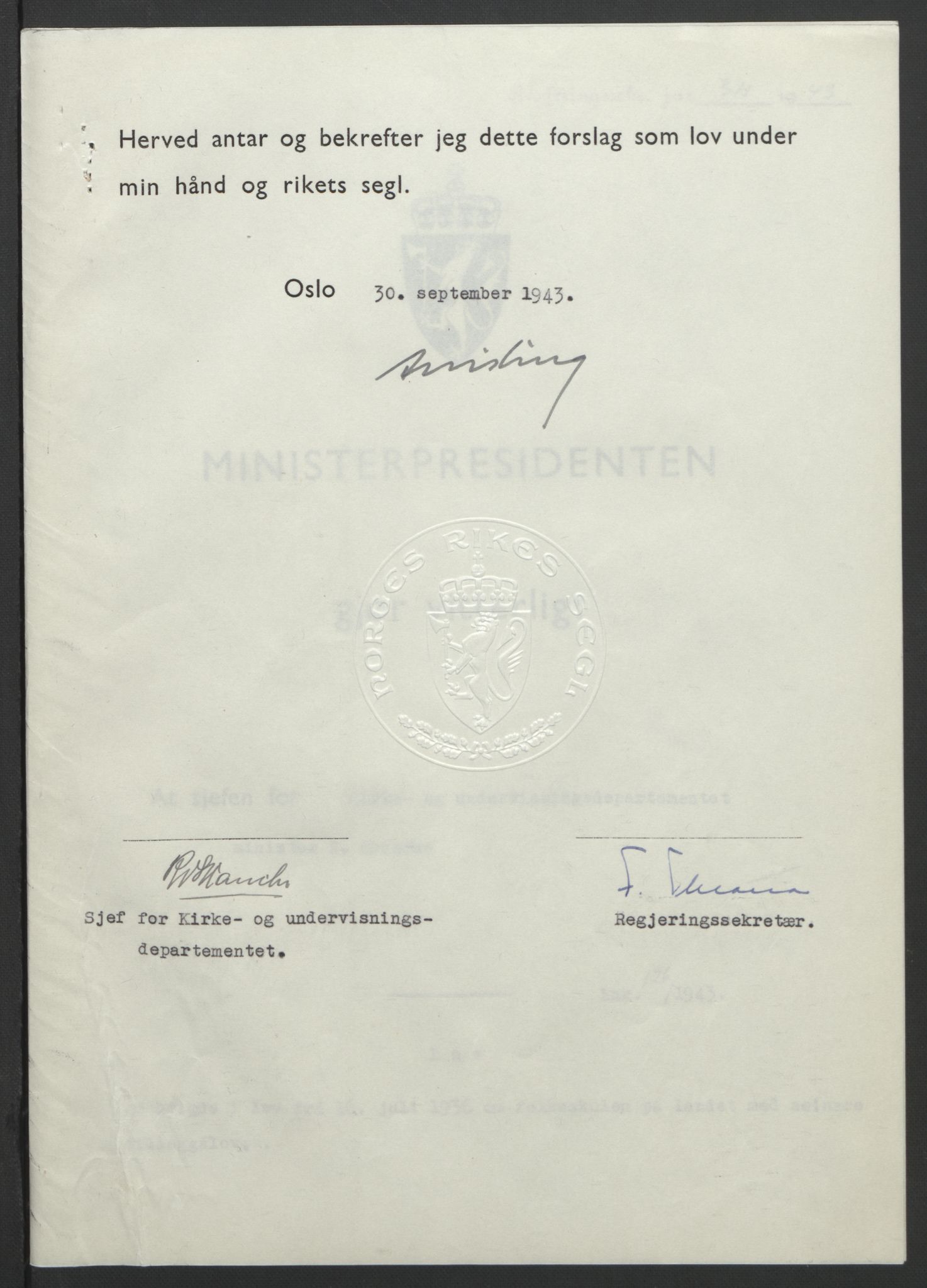 NS-administrasjonen 1940-1945 (Statsrådsekretariatet, de kommisariske statsråder mm), RA/S-4279/D/Db/L0099: Lover, 1943, p. 587