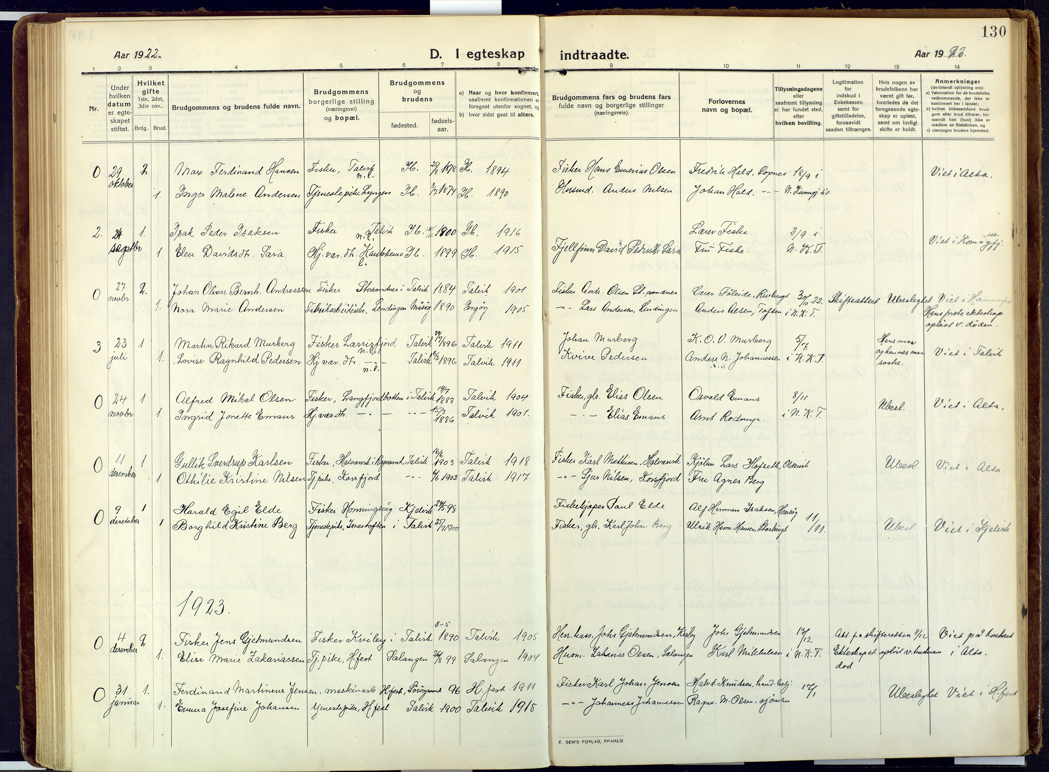 Talvik sokneprestkontor, SATØ/S-1337/H/Ha/L0018kirke: Parish register (official) no. 18, 1915-1924, p. 130