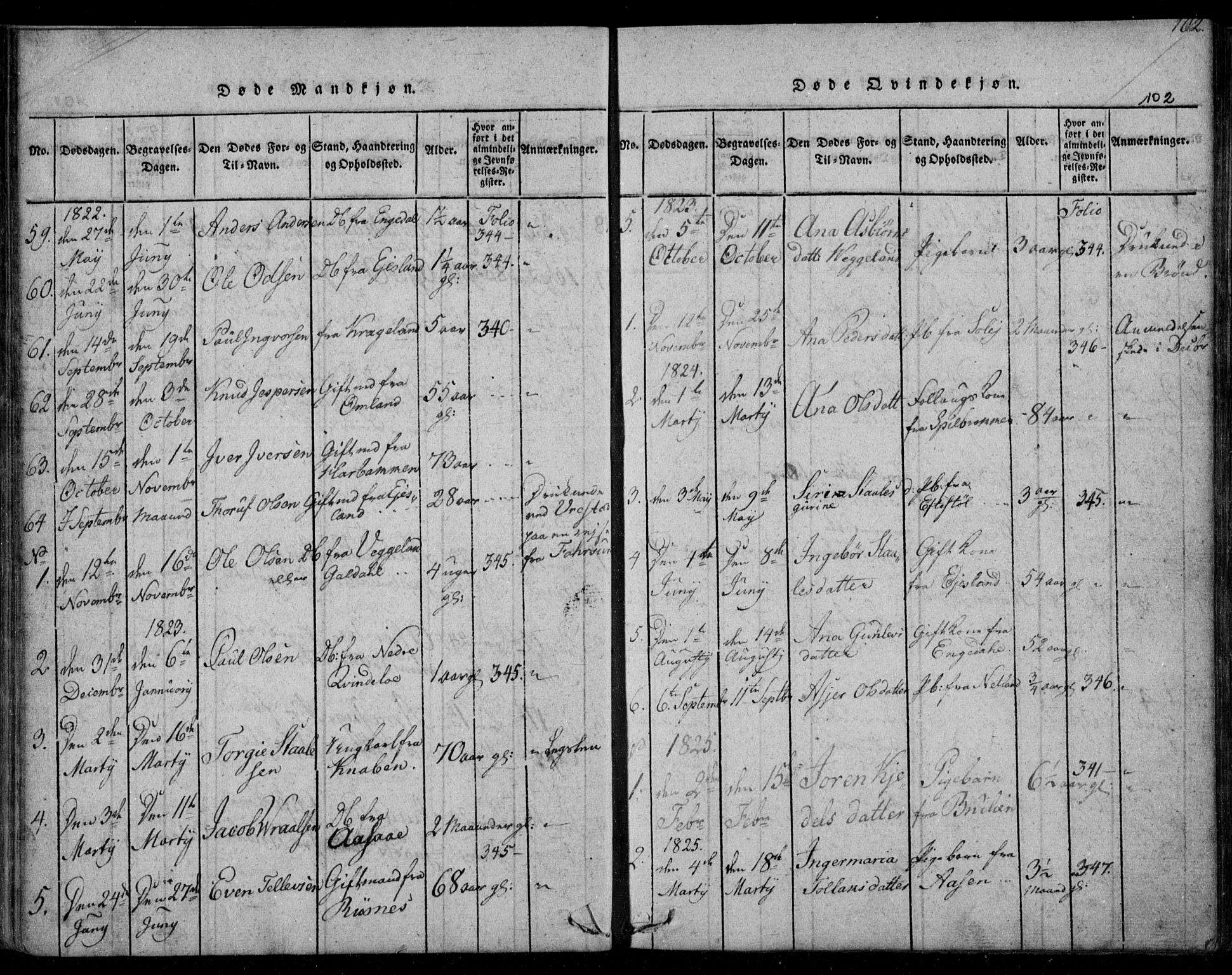 Fjotland sokneprestkontor, AV/SAK-1111-0010/F/Fb/L0001: Parish register (copy) no. B 1, 1816-1849, p. 102