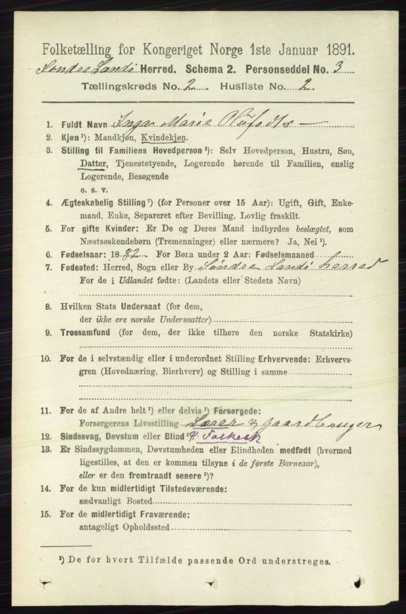 RA, 1891 census for 0536 Søndre Land, 1891, p. 1038